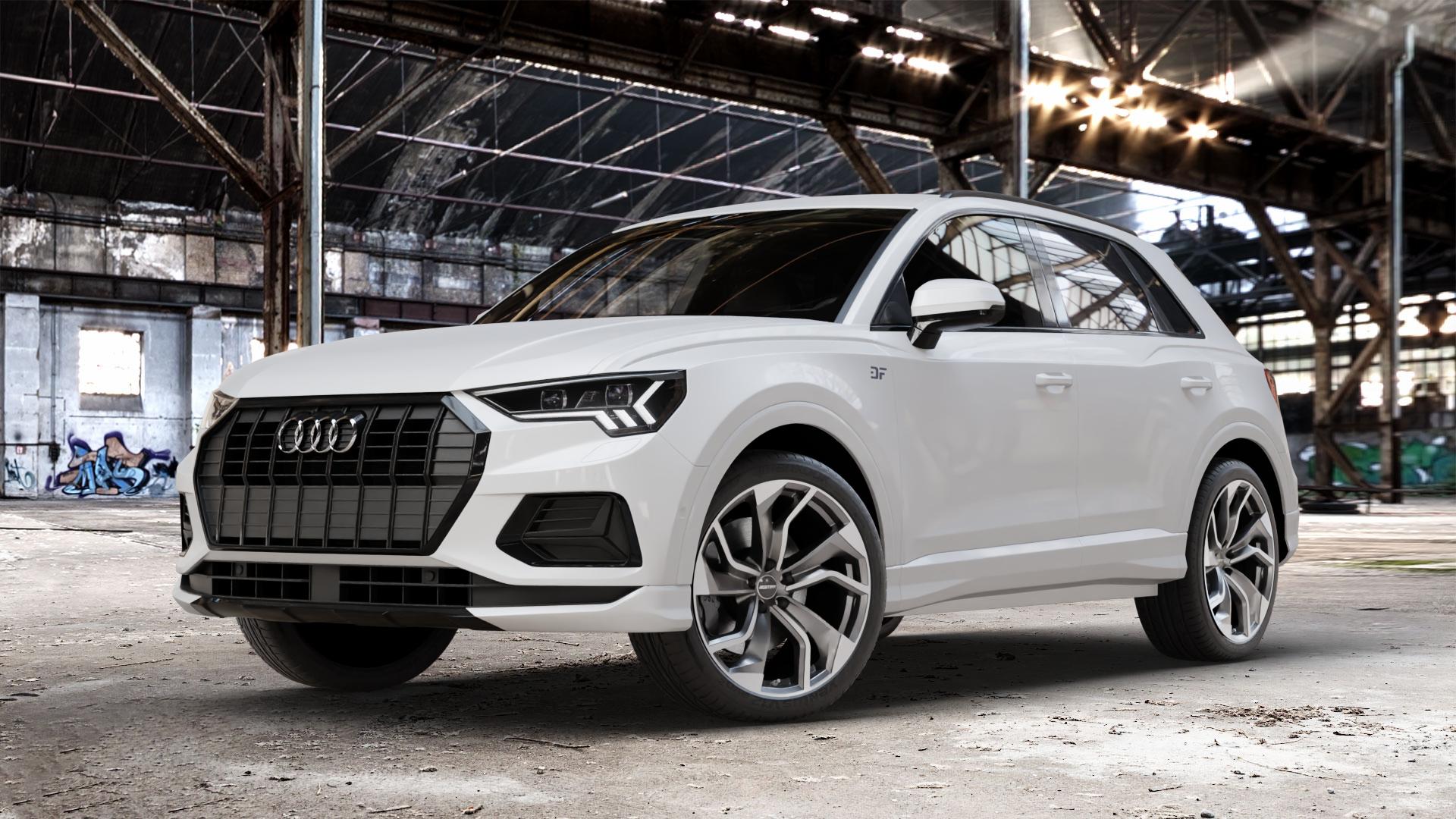 GMP Italia Rebel Anthr. matt diamond Felge mit Reifen grau anthrazit in 20Zoll Winterfelge Alufelge auf weissem Audi Q3 II Typ F3 ⬇️ mit 15mm Tieferlegung ⬇️ Old Industrial Hall_max_4400mm_2024 Frontansicht_1