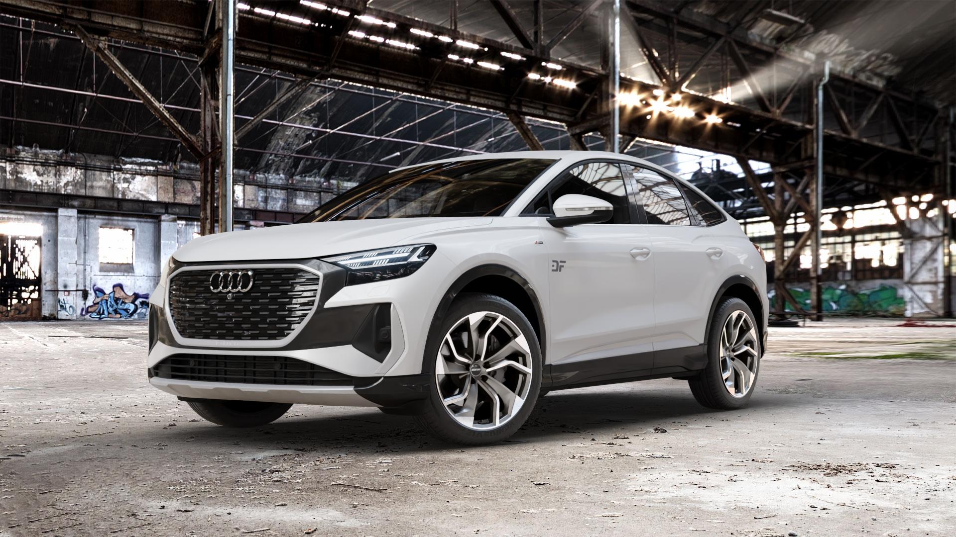 GMP Italia Rebel Anthr. matt diamond Felge mit Reifen grau anthrazit in 20Zoll Winterfelge Alufelge auf weissem Audi Q4 Sportback Typ FZ e-tron ⬇️ mit 15mm Tieferlegung ⬇️ Old Industrial Hall_max_5300mm_2024 Frontansicht_1