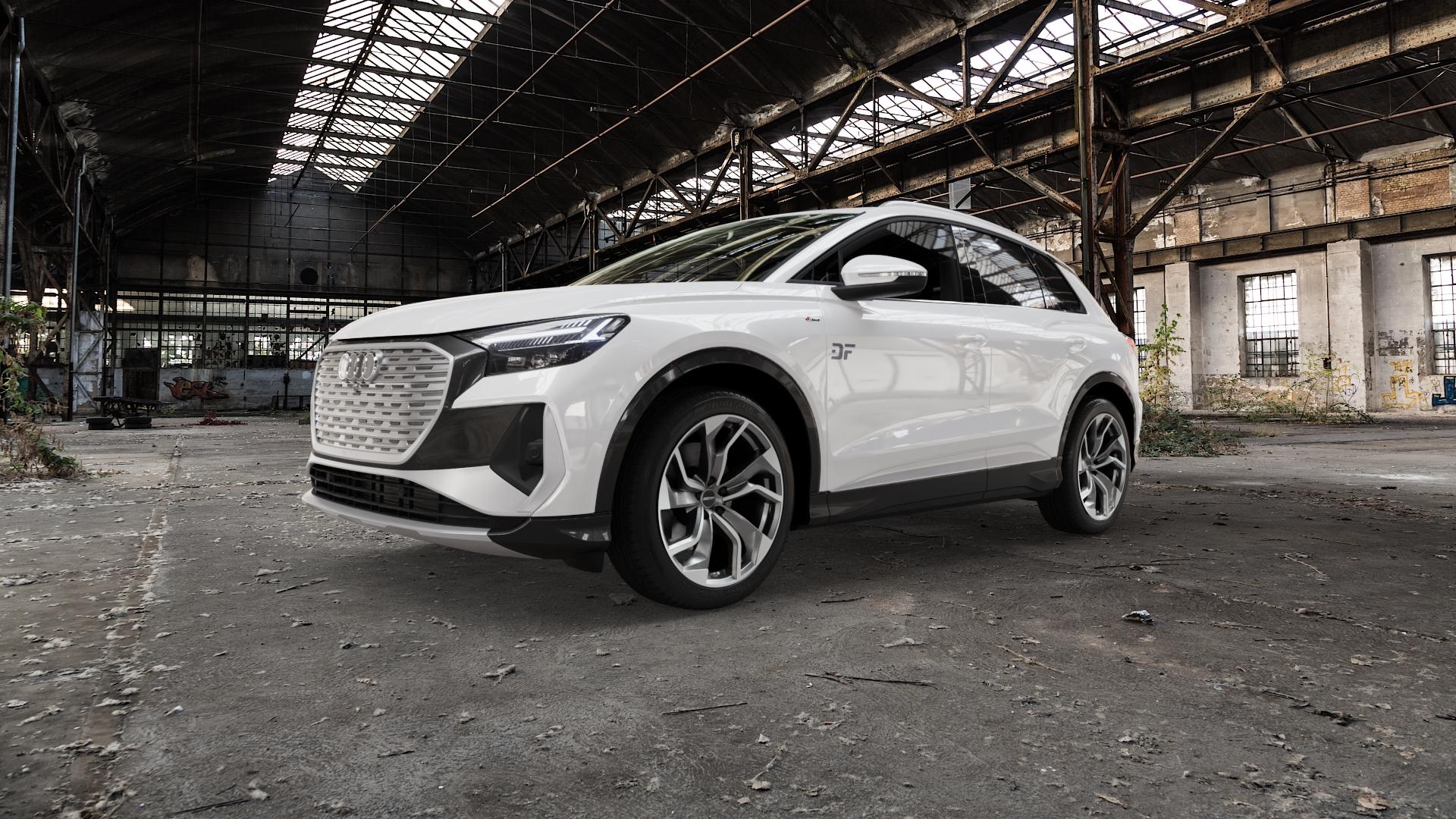 GMP Italia Rebel Anthr. matt diamond Felge mit Reifen grau anthrazit in 20Zoll Winterfelge Alufelge auf weissem Audi Q4 Typ FZ ⬇️ mit 15mm Tieferlegung ⬇️ Old Industrial Hall_max5000mm_2022 Frontansicht_1