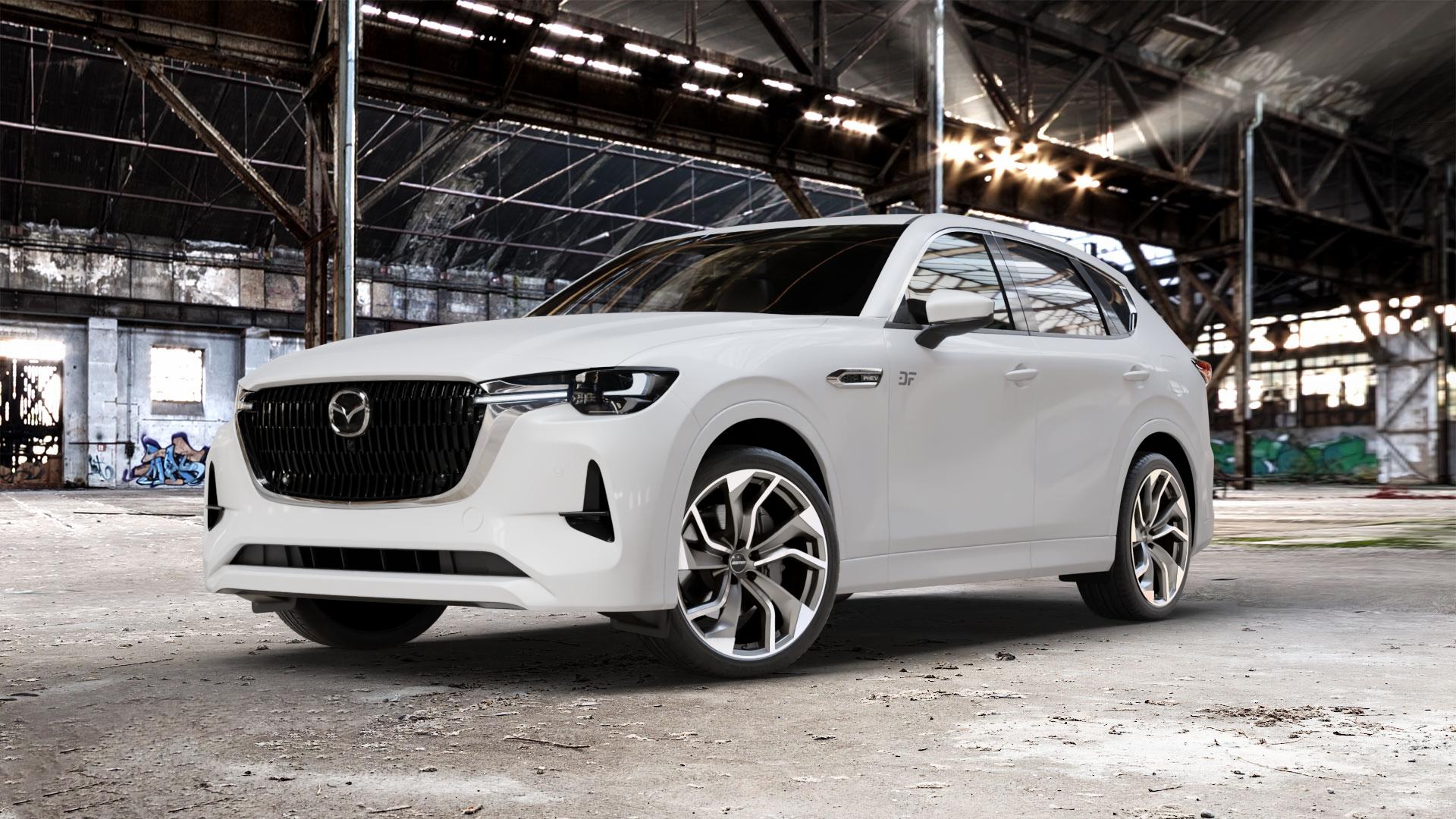 GMP Italia Rebel Anthr. matt diamond Felge mit Reifen grau anthrazit in 21Zoll Winterfelge Alufelge auf weissem Mazda CX-60 Typ KH01 CX ⬇️ mit 15mm Tieferlegung ⬇️ Old Industrial Hall_max_5300mm_2024 Frontansicht_1
