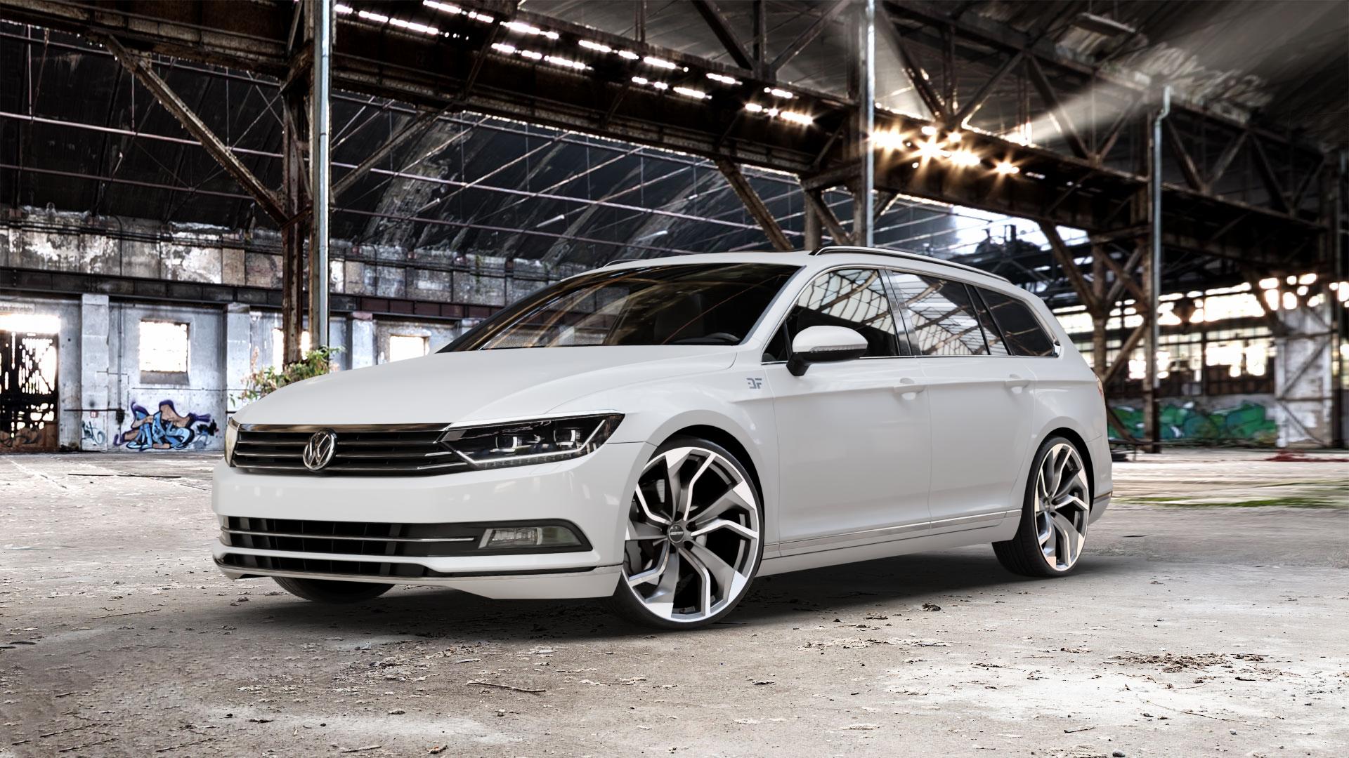 GMP Italia Rebel Anthr. matt diamond Felge mit Reifen grau anthrazit in 21Zoll Winterfelge Alufelge auf weissem Volkswagen (VW) Passat 3C/B8 Limousine Variant ⬇️ mit 15mm Tieferlegung ⬇️ Old Industrial Hall_max_5300mm_2024 Frontansicht_1