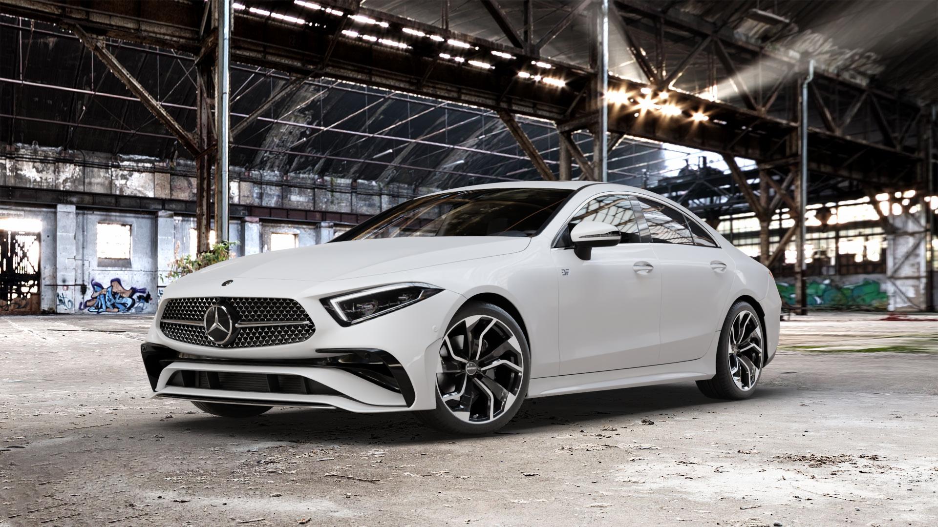GMP Italia Rebel Black Diamond Felge mit Reifen schwarz in 19Zoll Winterfelge Alufelge auf weissem Mercedes CLS Typ C257 Facelift ⬇️ mit 15mm Tieferlegung ⬇️ Old Industrial Hall_max_5300mm_2024 Frontansicht_1