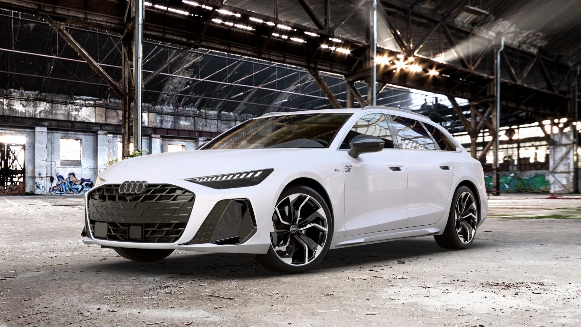 GMP Italia Rebel Black Diamond Felge mit Reifen schwarz in 20Zoll Winterfelge Alufelge auf metallic schwarzem Audi A6 Typ F2/C9 (Avant) ⬇️ mit 15mm Tieferlegung ⬇️ Old Industrial Hall_max_5300mm_2024 Frontansicht_1