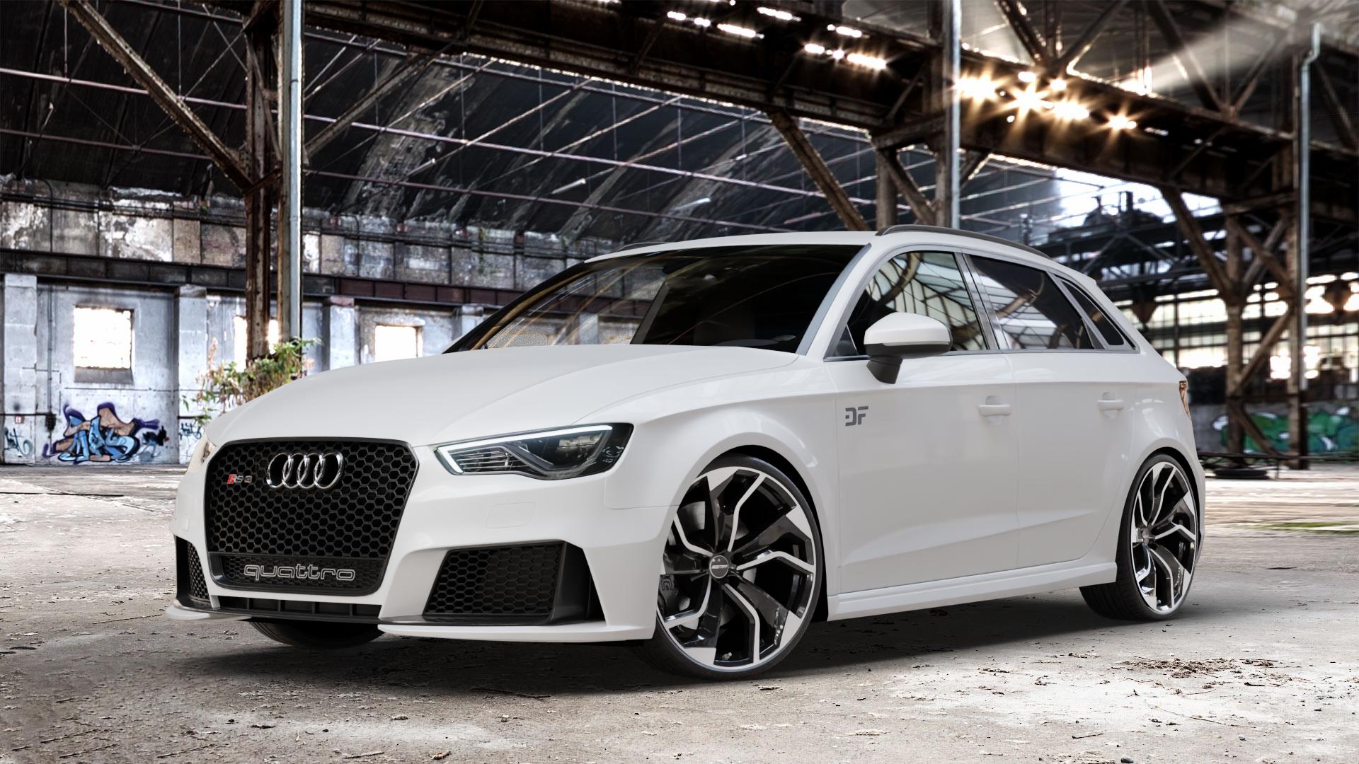 GMP Italia Rebel Black Diamond Felge mit Reifen schwarz in 20Zoll Winterfelge Alufelge auf weissem Audi A3 Typ 8V (Sportback) 2,5l TFSI quattro 270kW RS3 (367 PS) Facelift 294kW (400 ⬇️ mit 15mm Tieferlegung ⬇️ Old Industrial Hall_max_4400mm_2024 Frontansicht_1