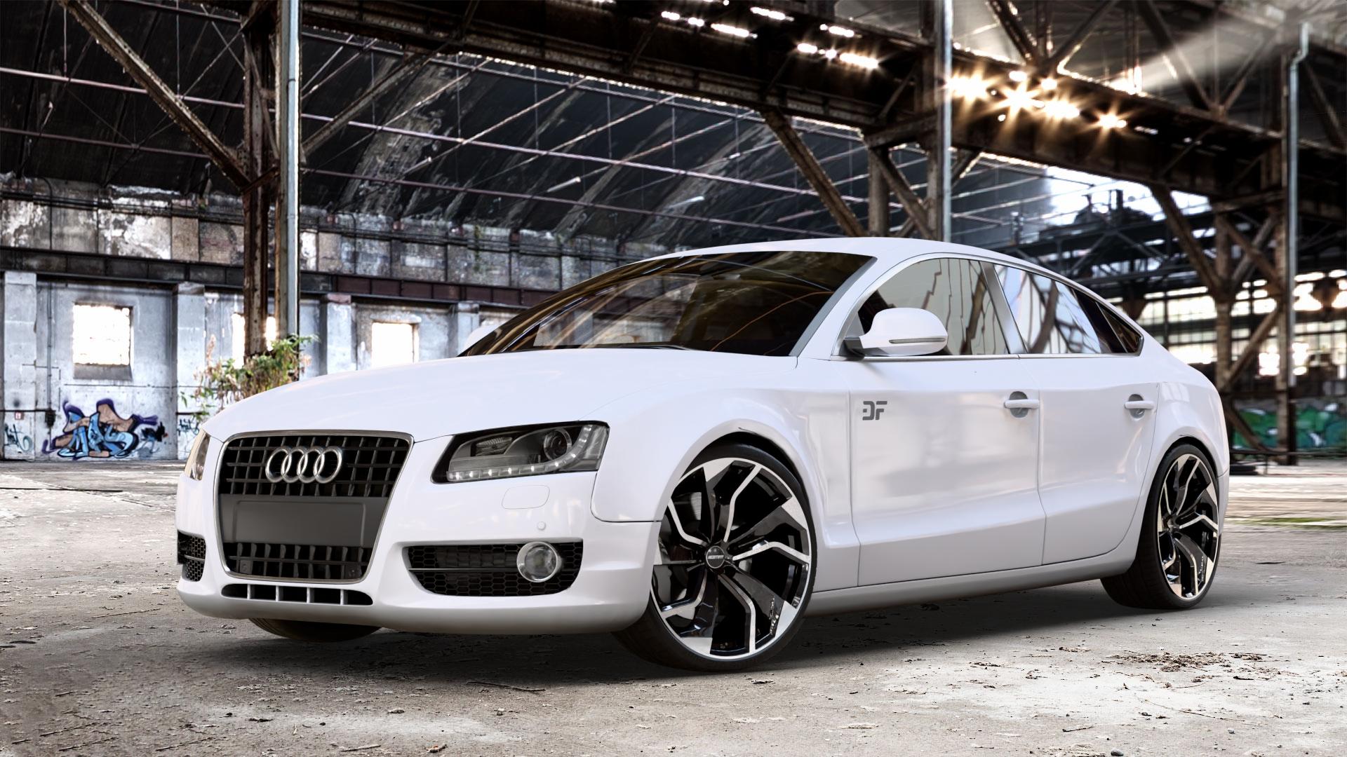 GMP Italia Rebel Black Diamond Felge mit Reifen schwarz in 20Zoll Winterfelge Alufelge auf weissem Audi A5 Typ B8 (Sportback) ⬇️ mit 15mm Tieferlegung ⬇️ Old Industrial Hall_max_4400mm_2024 Frontansicht_1