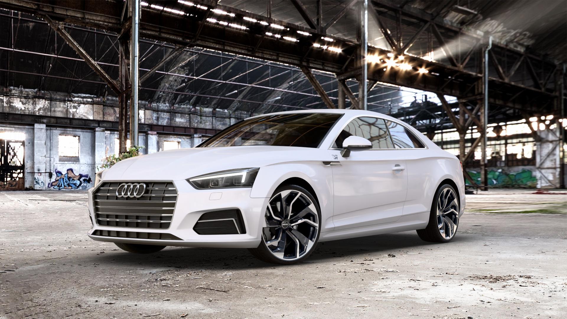 GMP Italia Rebel Black Diamond Felge mit Reifen schwarz in 20Zoll Winterfelge Alufelge auf weissem Audi A5 Typ B9 (Coupé) ⬇️ mit 15mm Tieferlegung ⬇️ Old Industrial Hall_max_5300mm_2024 Frontansicht_1