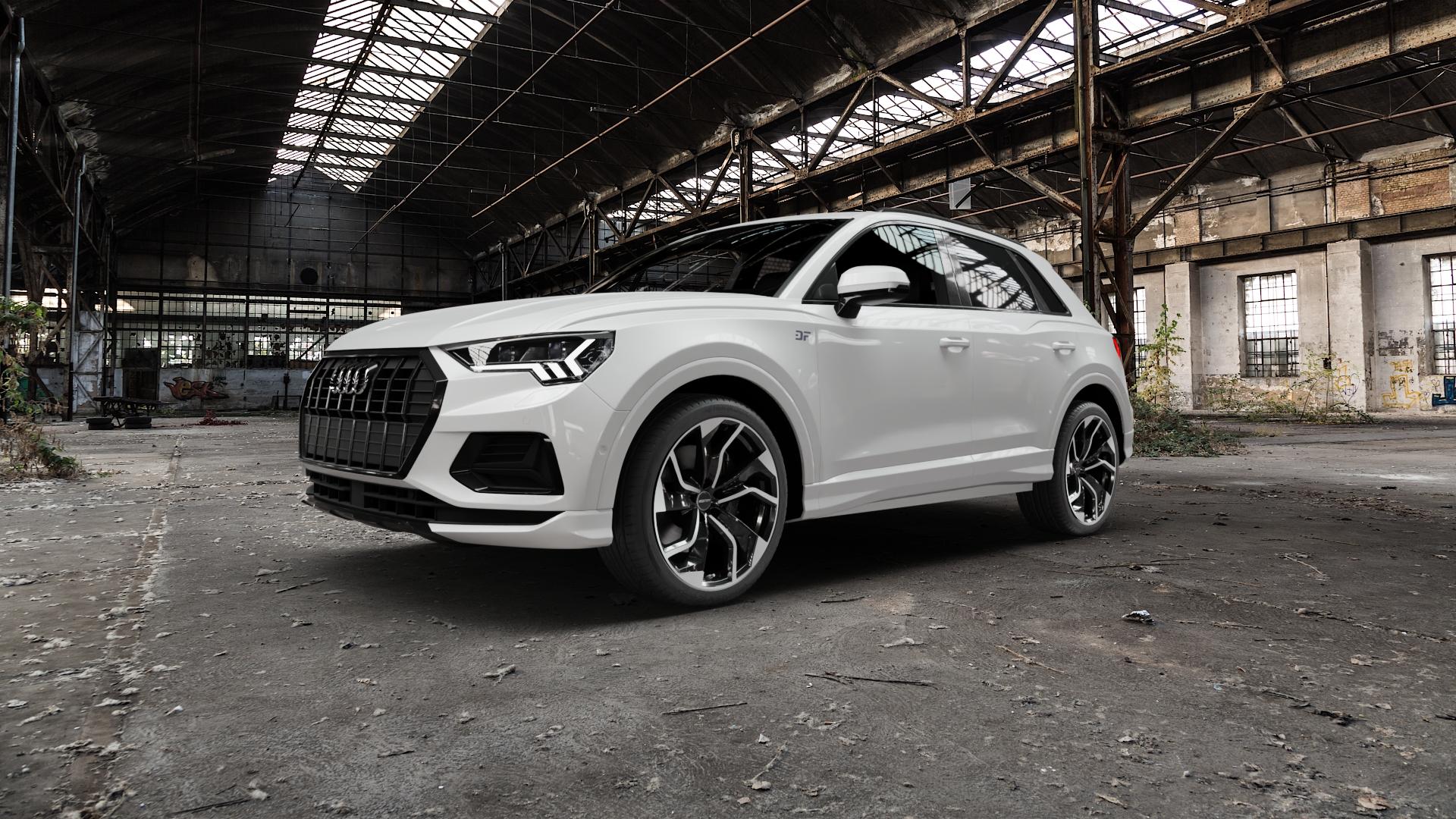 GMP Italia Rebel Black Diamond Felge mit Reifen schwarz in 20Zoll Winterfelge Alufelge auf weissem Audi Q3 II Sportback Typ F3 ⬇️ mit 15mm Tieferlegung ⬇️ Old Industrial Hall_max5000mm_2022 Frontansicht_1