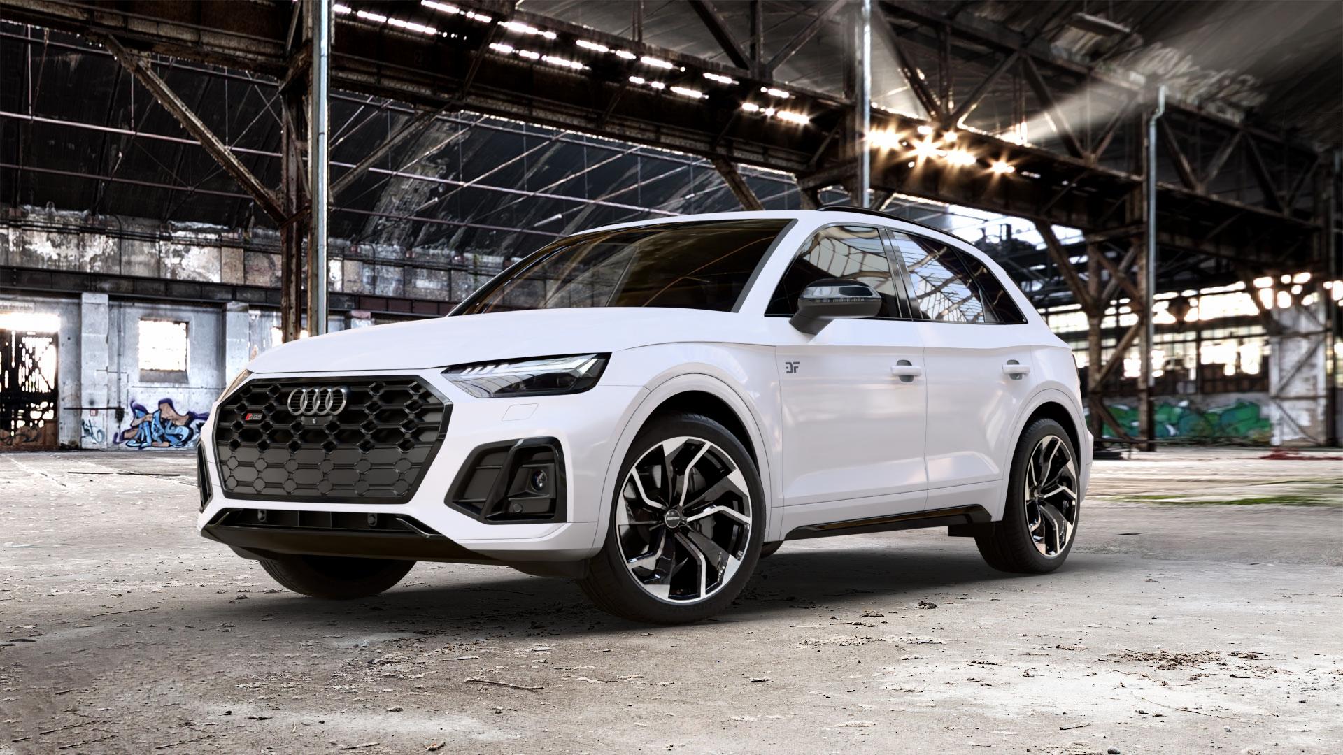 GMP Italia Rebel Black Diamond Felge mit Reifen schwarz in 20Zoll Winterfelge Alufelge auf weissem Audi Q5 II Typ FY Facelift 3,0l SQ5 TDI quattro 251kW Mild-Hybrid (341 PS) ⬇️ mit 15mm Tieferlegung ⬇️ Old Industrial Hall_max_5300mm_2024 Frontansicht_1