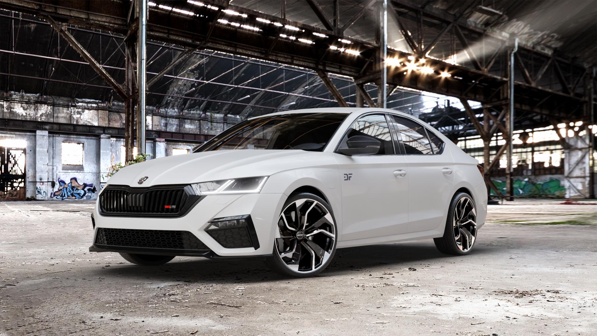 GMP Italia Rebel Black Diamond Felge mit Reifen schwarz in 20Zoll Winterfelge Alufelge auf weissem Skoda Octavia IV Limousine Typ NX 2,0l TDI 4x4 147kW (200 PS) TSI 180kW RS (245 1,4l 110kW Hybrid (150 ⬇️ mit 15mm Tieferlegung ⬇️ Old Industrial Hall_max_5300mm_2024 Frontansicht_1
