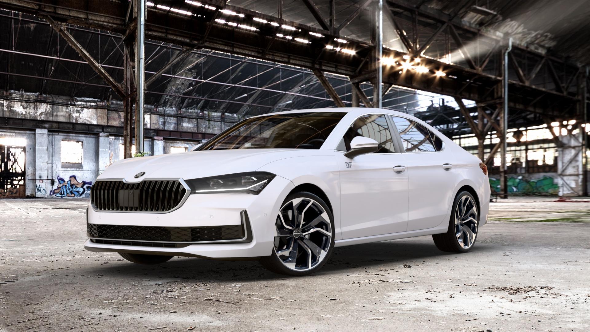 GMP Italia Rebel Black Diamond Felge mit Reifen schwarz in 20Zoll Winterfelge Alufelge auf weissem Skoda Superb IV Typ NZ ⬇️ mit 15mm Tieferlegung ⬇️ Old Industrial Hall_max_5300mm_2024 Frontansicht_1