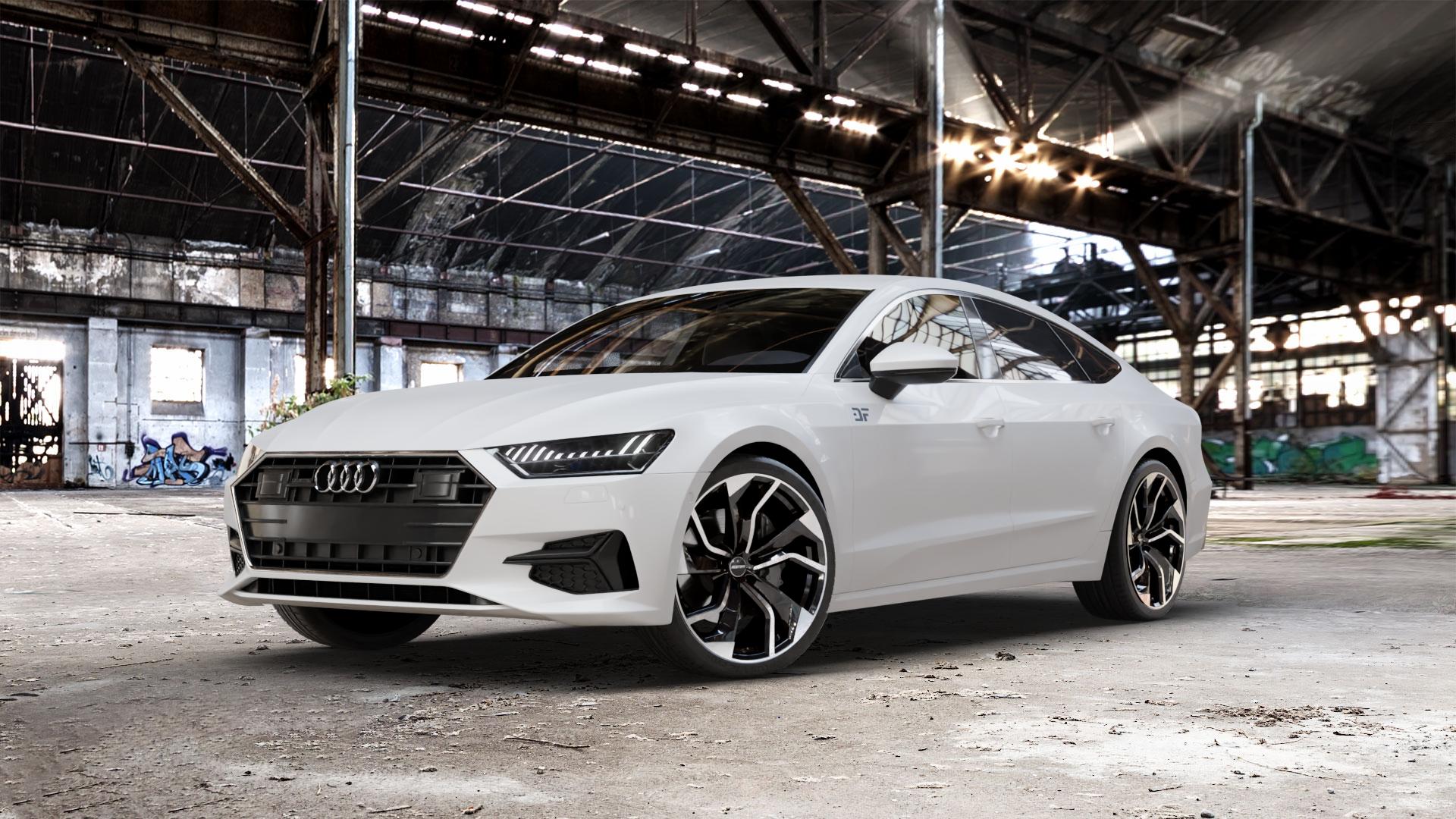 GMP Italia Rebel Black Diamond Felge mit Reifen schwarz in 21Zoll Winterfelge Alufelge auf weissem Audi A7 Typ F2/C8 (Sportback) ⬇️ mit 15mm Tieferlegung ⬇️ Old Industrial Hall_max_5300mm_2024 Frontansicht_1