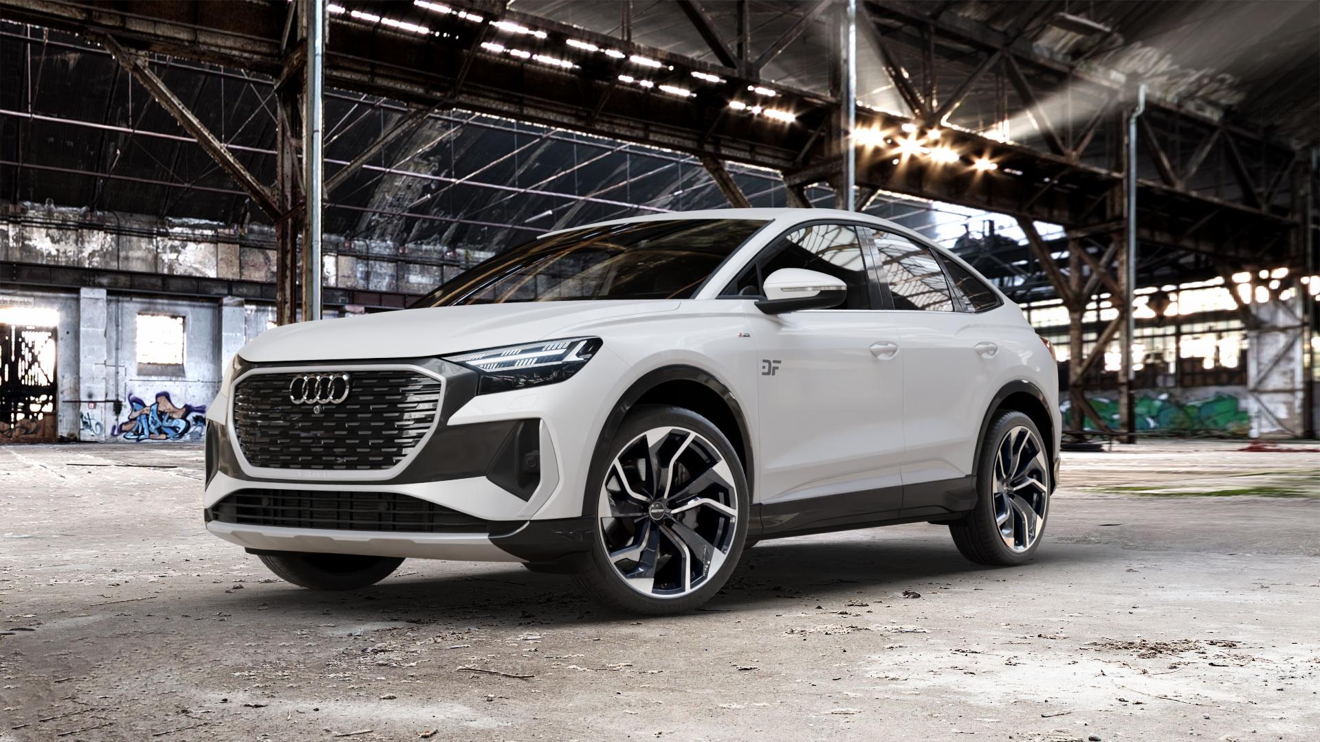 GMP Italia Rebel Black Diamond Felge mit Reifen schwarz in 21Zoll Winterfelge Alufelge auf weissem Audi Q4 Sportback Typ FZ e-tron ⬇️ mit 15mm Tieferlegung ⬇️ Old Industrial Hall_max_5300mm_2024 Frontansicht_1