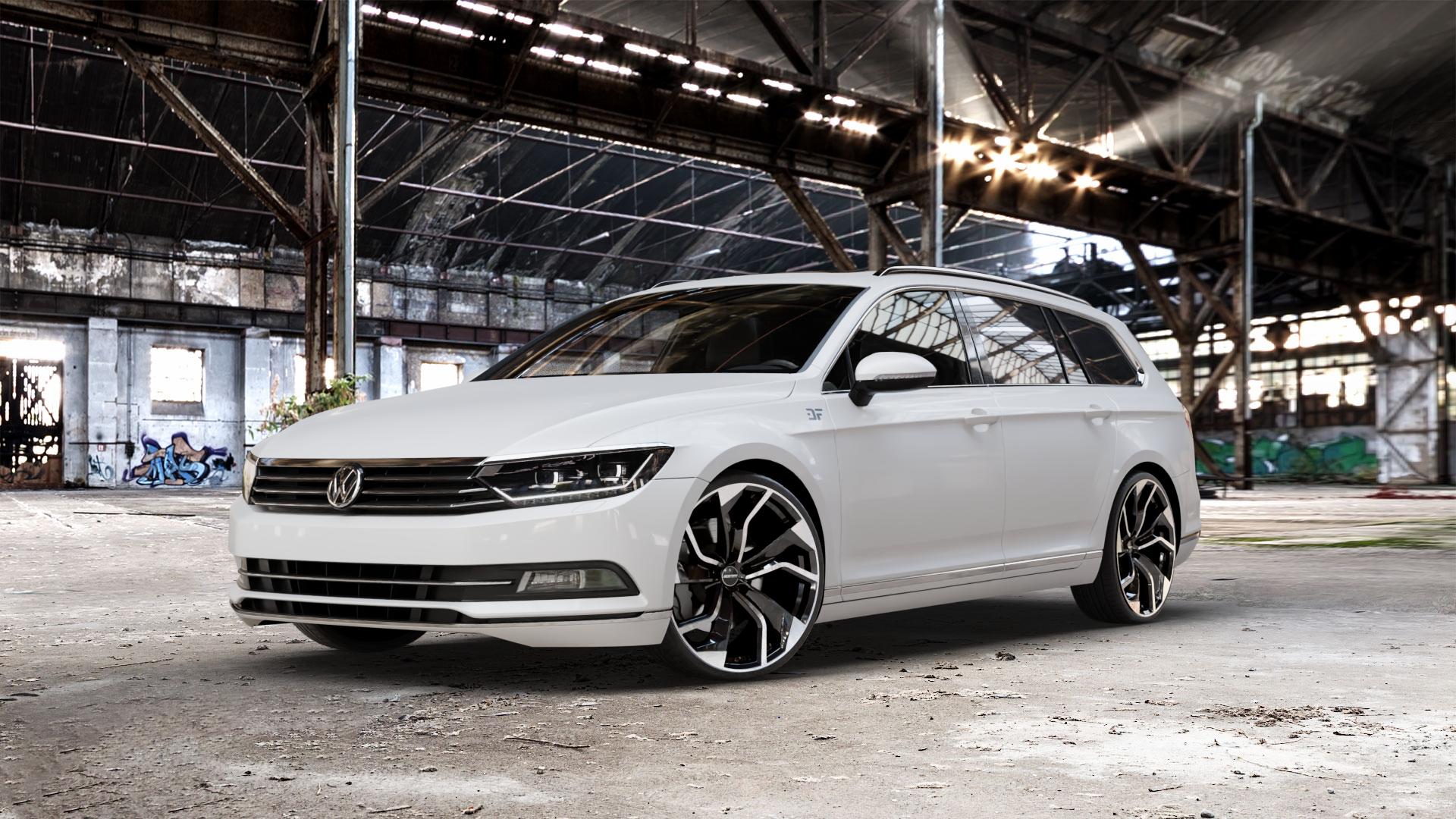 GMP Italia Rebel Black Diamond Felge mit Reifen schwarz in 21Zoll Winterfelge Alufelge auf weissem Volkswagen (VW) Passat 3C/B8 Limousine Variant ⬇️ mit 15mm Tieferlegung ⬇️ Old Industrial Hall_max_5300mm_2024 Frontansicht_1