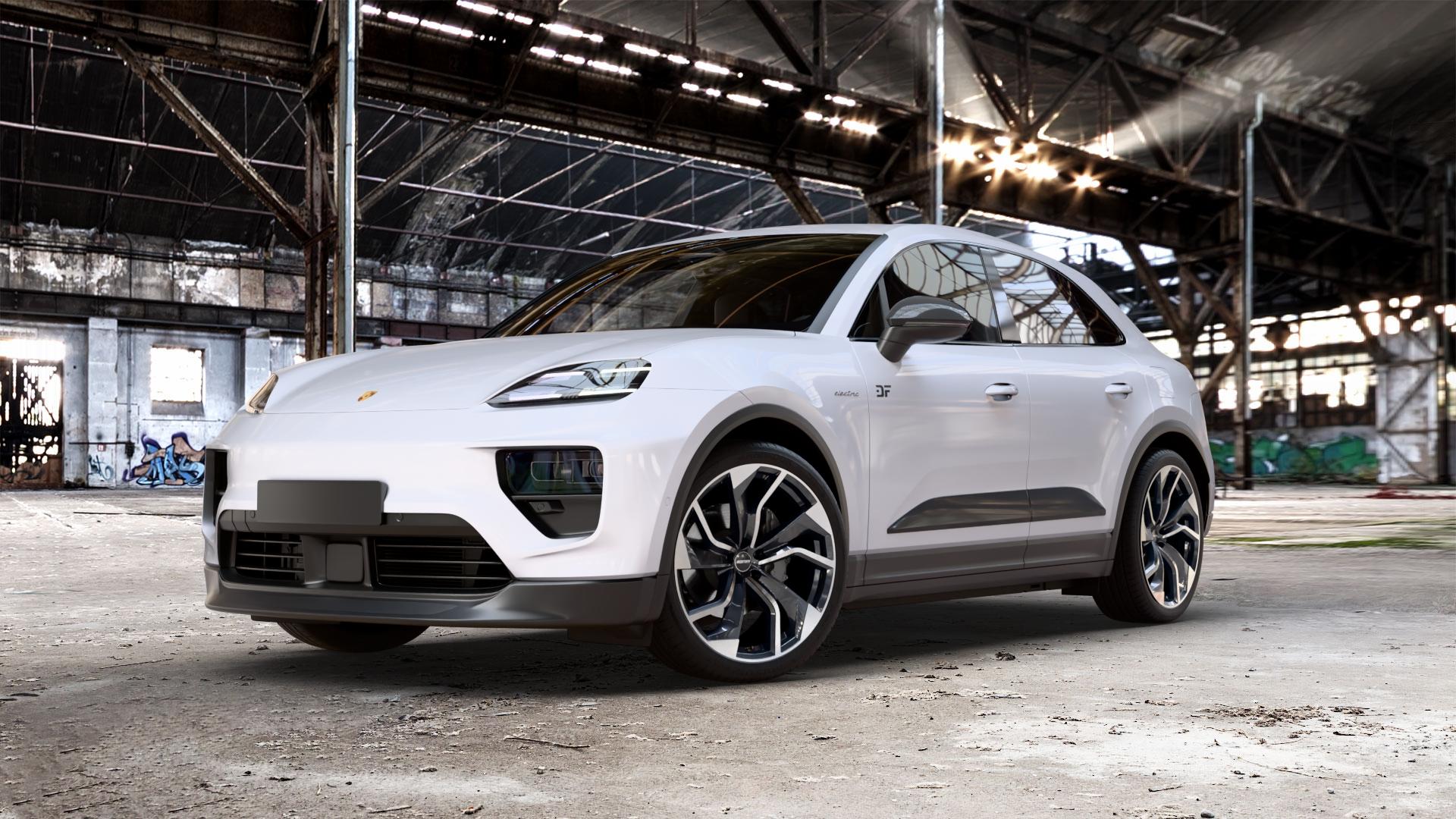 GMP Italia Rebel Black Diamond Felge mit Reifen schwarz in 22Zoll Winterfelge Alufelge auf Weiss Uni Porsche Macan Typ XA ⬇️ mit 15mm Tieferlegung ⬇️ Old Industrial Hall_max_5300mm_2024 Frontansicht_1