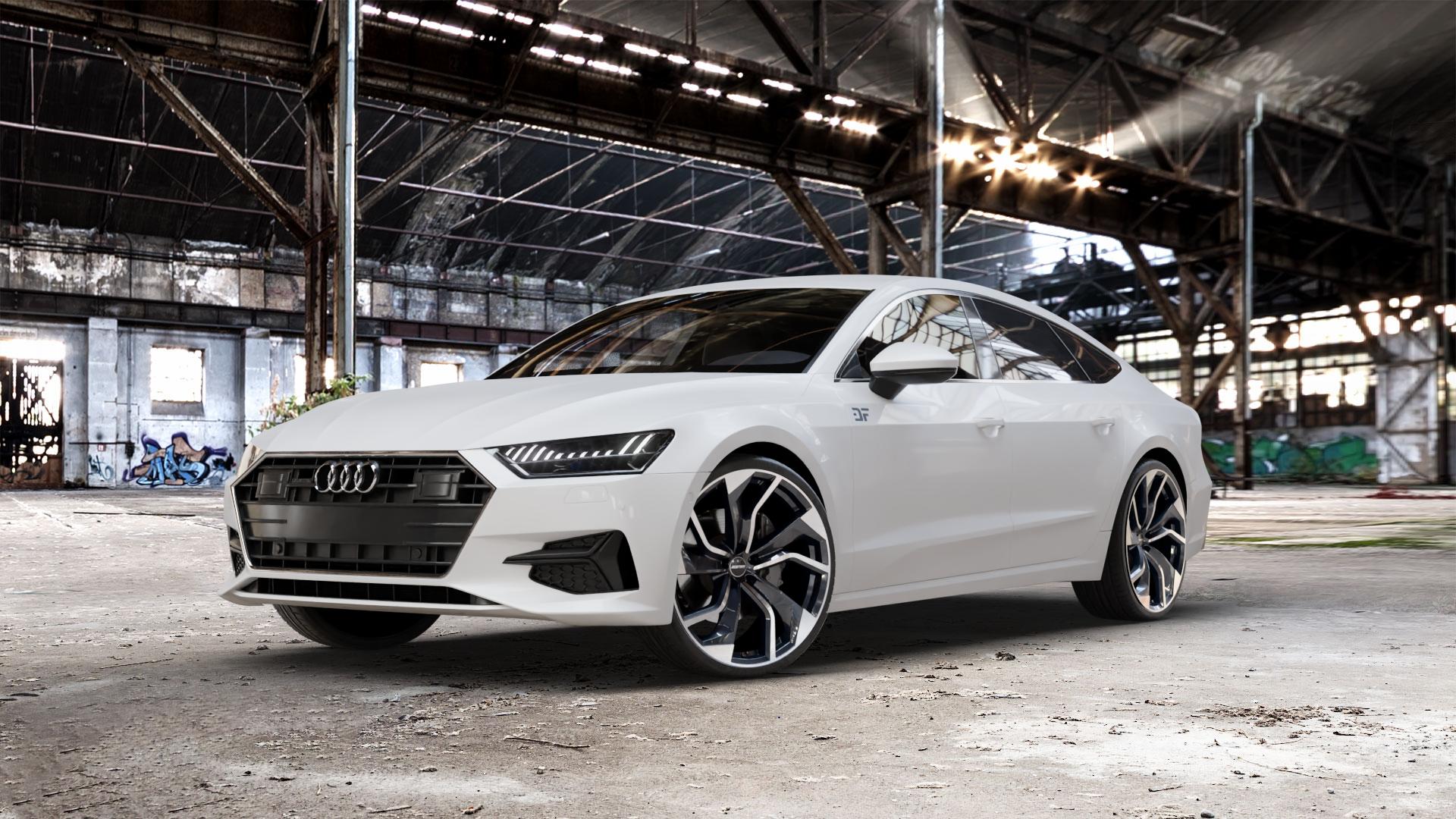 GMP Italia Rebel Black Diamond Felge mit Reifen schwarz in 22Zoll Winterfelge Alufelge auf weissem Audi A7 Typ F2/C8 (Sportback) ⬇️ mit 15mm Tieferlegung ⬇️ Old Industrial Hall_max_5300mm_2024 Frontansicht_1