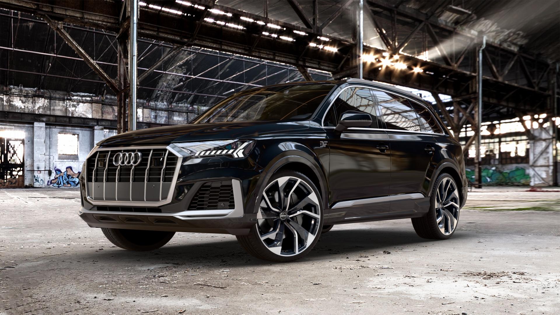 GMP Italia Rebel Black Diamond Felge mit Reifen schwarz in 23Zoll Winterfelge Alufelge auf metallic schwarzem Audi Q7 II Typ 4M (4L) Facelift 19-> ⬇️ mit 15mm Tieferlegung ⬇️ Old Industrial Hall_max_5300mm_2024 Frontansicht_1