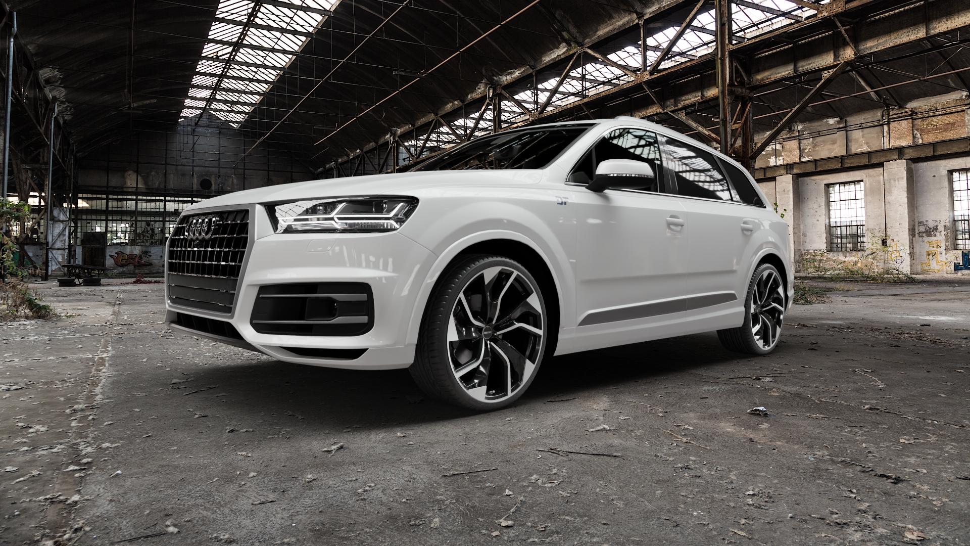 GMP Italia Rebel Black Diamond Felge mit Reifen schwarz in 23Zoll Winterfelge Alufelge auf weissem Audi Q7 II Typ 4M (4L) ⬇️ mit 15mm Tieferlegung ⬇️ Old Industrial Hall_max5000mm_2022 Frontansicht_1