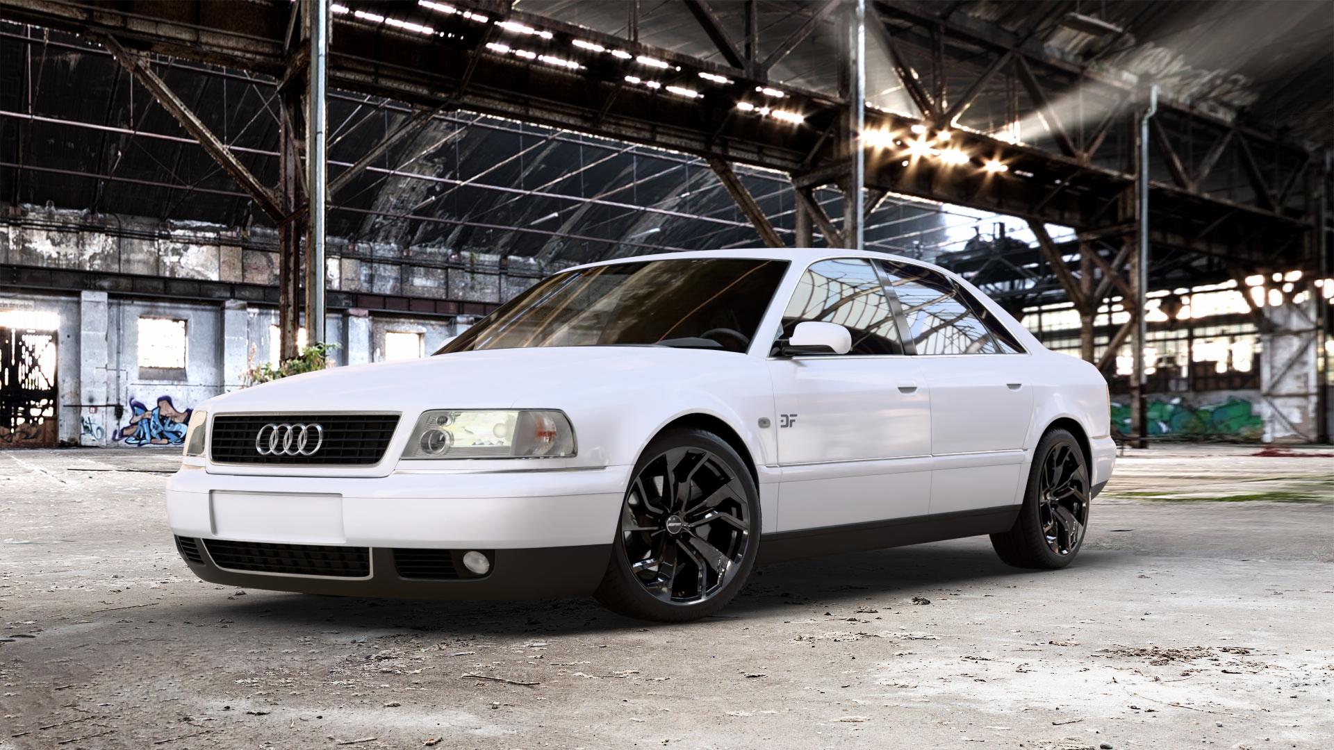GMP Italia Rebel Black glossy Felge mit Reifen schwarz in 19Zoll Winterfelge Alufelge auf weissem Audi A8 Typ D2/4D 2,8l 128kW (174 PS) 142kW (193 2,5l TDI 110kW (150 132kW (179 quattro ⬇️ mit 15mm Tieferlegung ⬇️ Old Industrial Hall_max_5300mm_2024 Frontansicht_1