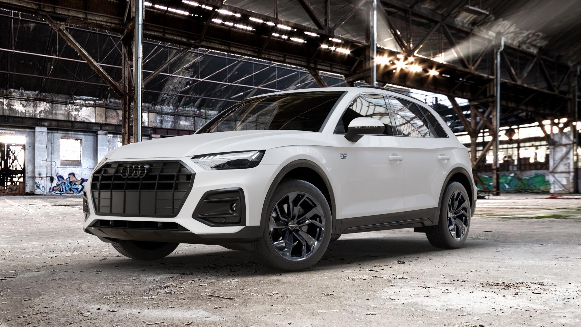 GMP Italia Rebel Black glossy Felge mit Reifen schwarz in 19Zoll Winterfelge Alufelge auf weissem Audi Q5 II Typ FY Facelift ⬇️ mit 15mm Tieferlegung ⬇️ Old Industrial Hall_max_5300mm_2024 Frontansicht_1