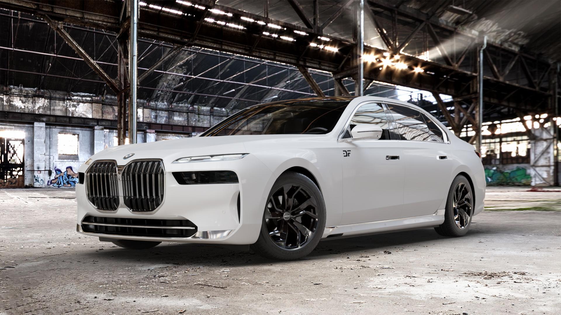 GMP Italia Rebel Black glossy Felge mit Reifen schwarz in 19Zoll Winterfelge Alufelge auf weissem BMW 7er G70 Limousine (G7L) ⬇️ mit 15mm Tieferlegung ⬇️ Old Industrial Hall_max_5300mm_2024 Frontansicht_1