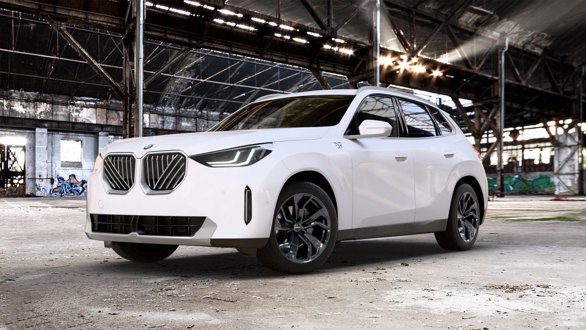 GMP Italia Rebel Black glossy Felge mit Reifen schwarz in 19Zoll Winterfelge Alufelge auf weissem BMW X3 Typ G45 (G3XN) ⬇️ mit 15mm Tieferlegung ⬇️ Old Industrial Hall_max_5300mm_2024 Frontansicht_1