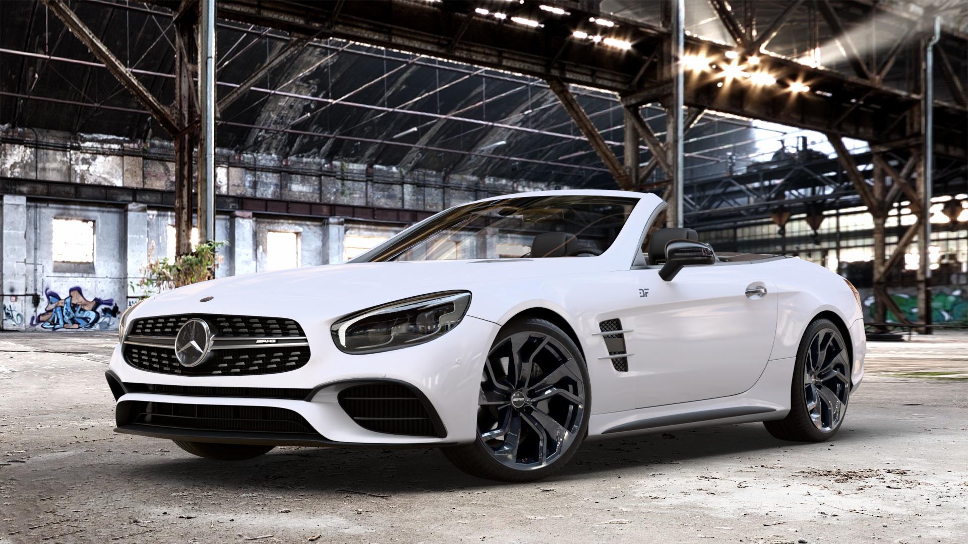 GMP Italia Rebel Black glossy Felge mit Reifen schwarz in 19Zoll Winterfelge Alufelge auf weissem Mercedes SL Typ R231 Facelift 5,5l 63 AMG 430kW (585 PS) 6,0l 65 463kW (630 420kW (571 ⬇️ mit 15mm Tieferlegung ⬇️ Old Industrial Hall_max_4400mm_2024 Frontansicht_1