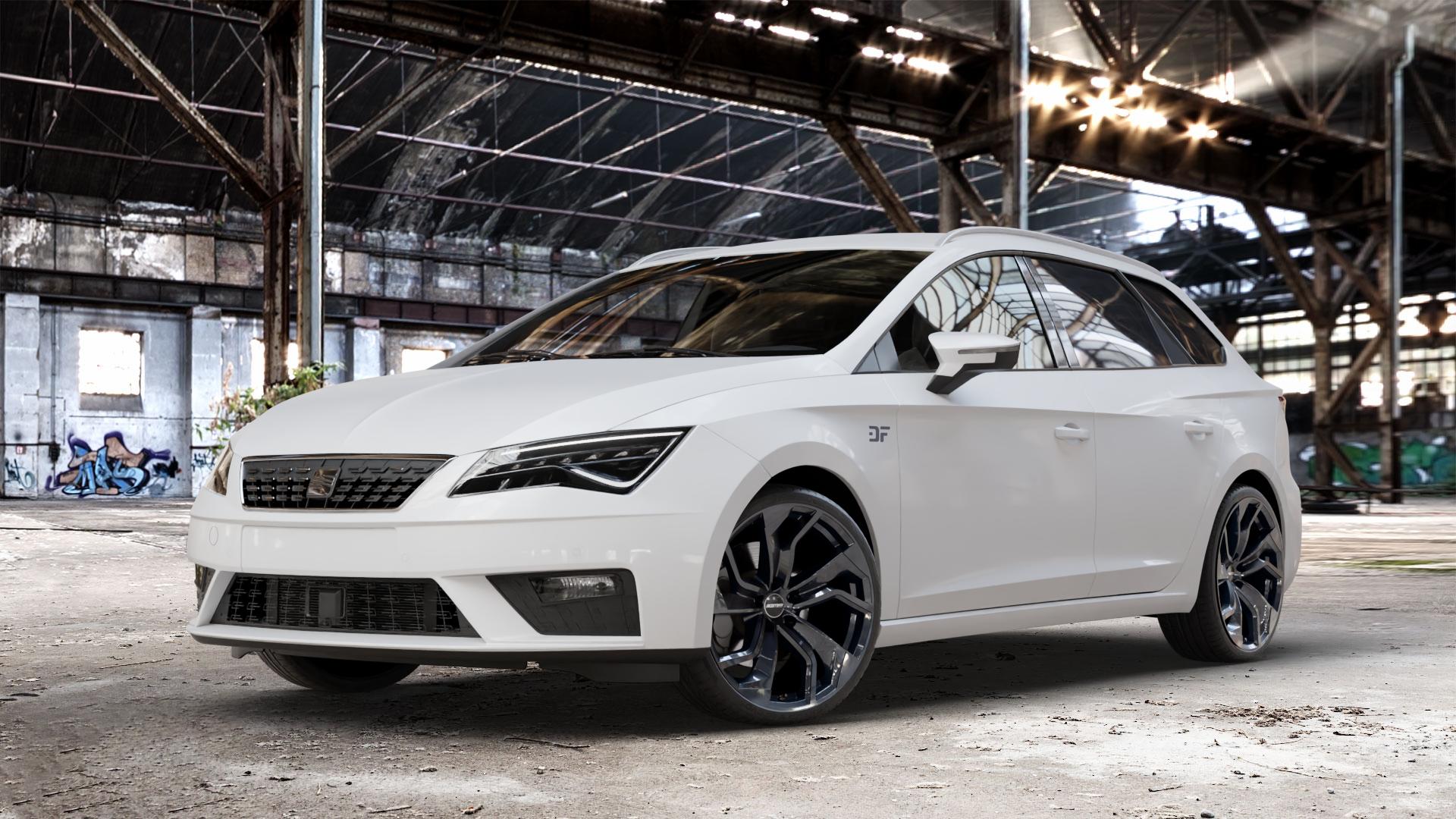 GMP Italia Rebel Black glossy Felge mit Reifen schwarz in 19Zoll Winterfelge Alufelge auf weissem Seat Leon Typ 5F ST Facelift ⬇️ mit 15mm Tieferlegung ⬇️ Old Industrial Hall_max_4400mm_2024 Frontansicht_1