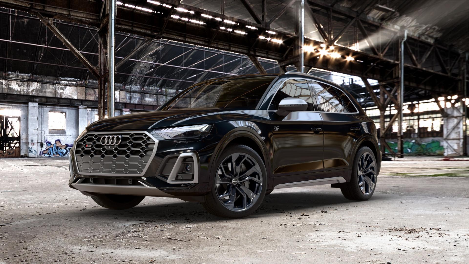 GMP Italia Rebel Black glossy Felge mit Reifen schwarz in 20Zoll Winterfelge Alufelge auf metallic schwarzem Audi Q5 II Typ FY Facelift 3,0l SQ5 TDI quattro 251kW Mild-Hybrid (341 PS) ⬇️ mit 15mm Tieferlegung ⬇️ Old Industrial Hall_max_5300mm_2024 Frontansicht_1