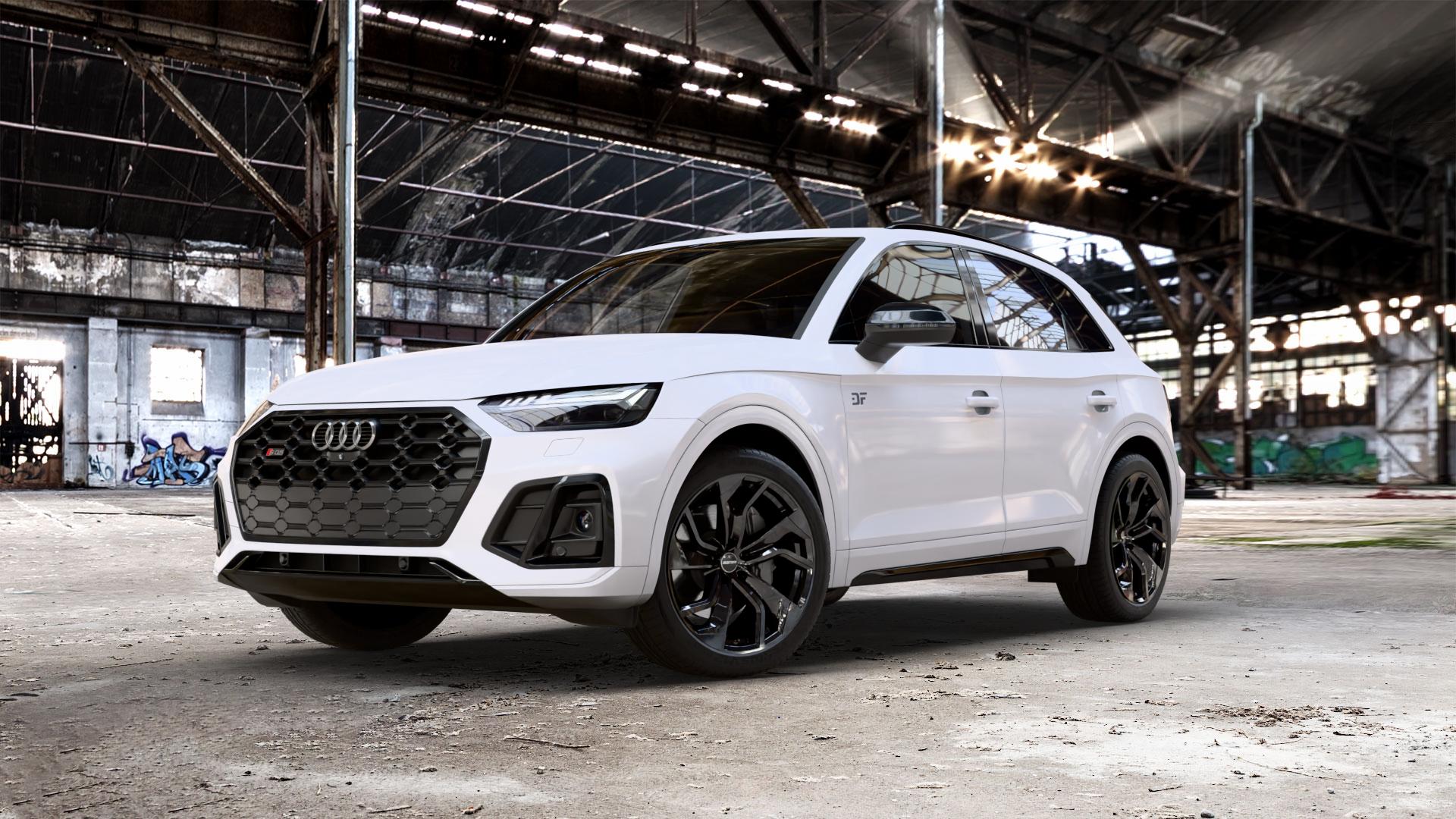 GMP Italia Rebel Black glossy Felge mit Reifen schwarz in 20Zoll Winterfelge Alufelge auf weissem Audi Q5 II Typ FY Facelift 3,0l SQ5 TDI quattro 251kW Mild-Hybrid (341 PS) ⬇️ mit 15mm Tieferlegung ⬇️ Old Industrial Hall_max_5300mm_2024 Frontansicht_1