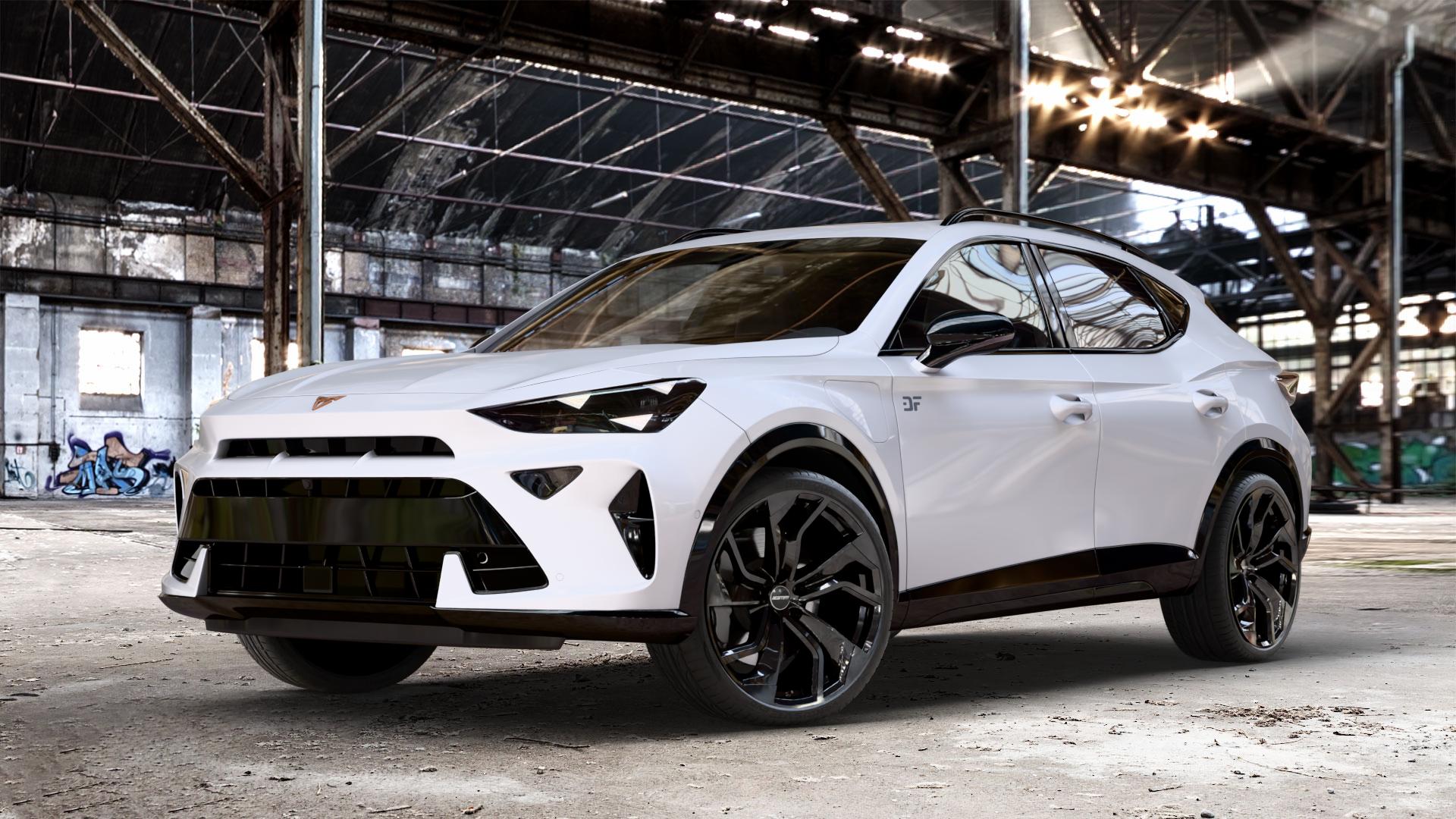 GMP Italia Rebel Black glossy Felge mit Reifen schwarz in 20Zoll Winterfelge Alufelge auf weissem Cupra Formentor Typ KM Facelift ⬇️ mit 15mm Tieferlegung ⬇️ Old Industrial Hall_max_4400mm_2024 Frontansicht_1