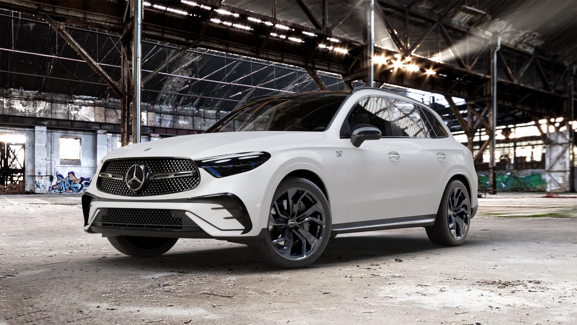 GMP Italia Rebel Black glossy Felge mit Reifen schwarz in 20Zoll Winterfelge Alufelge auf weissem Mercedes GLC-Klasse Typ X254 ⬇️ mit 15mm Tieferlegung ⬇️ Old Industrial Hall_max_5300mm_2024 Frontansicht_1