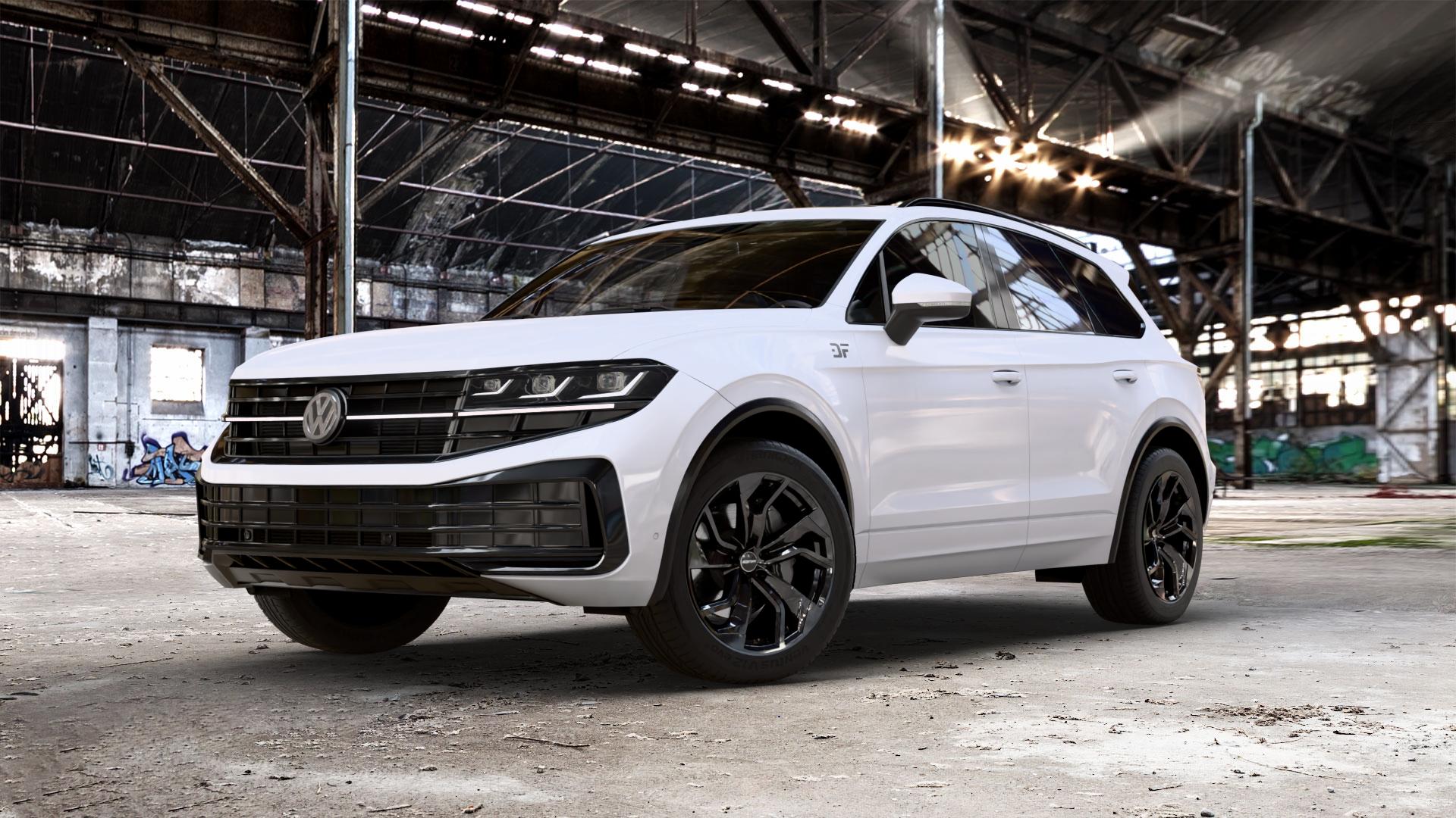 GMP Italia Rebel Black glossy Felge mit Reifen schwarz in 20Zoll Winterfelge Alufelge auf weissem Volkswagen (VW) Touareg III Typ CR Facelift ⬇️ mit 15mm Tieferlegung ⬇️ Old Industrial Hall_max_5300mm_2024 Frontansicht_1