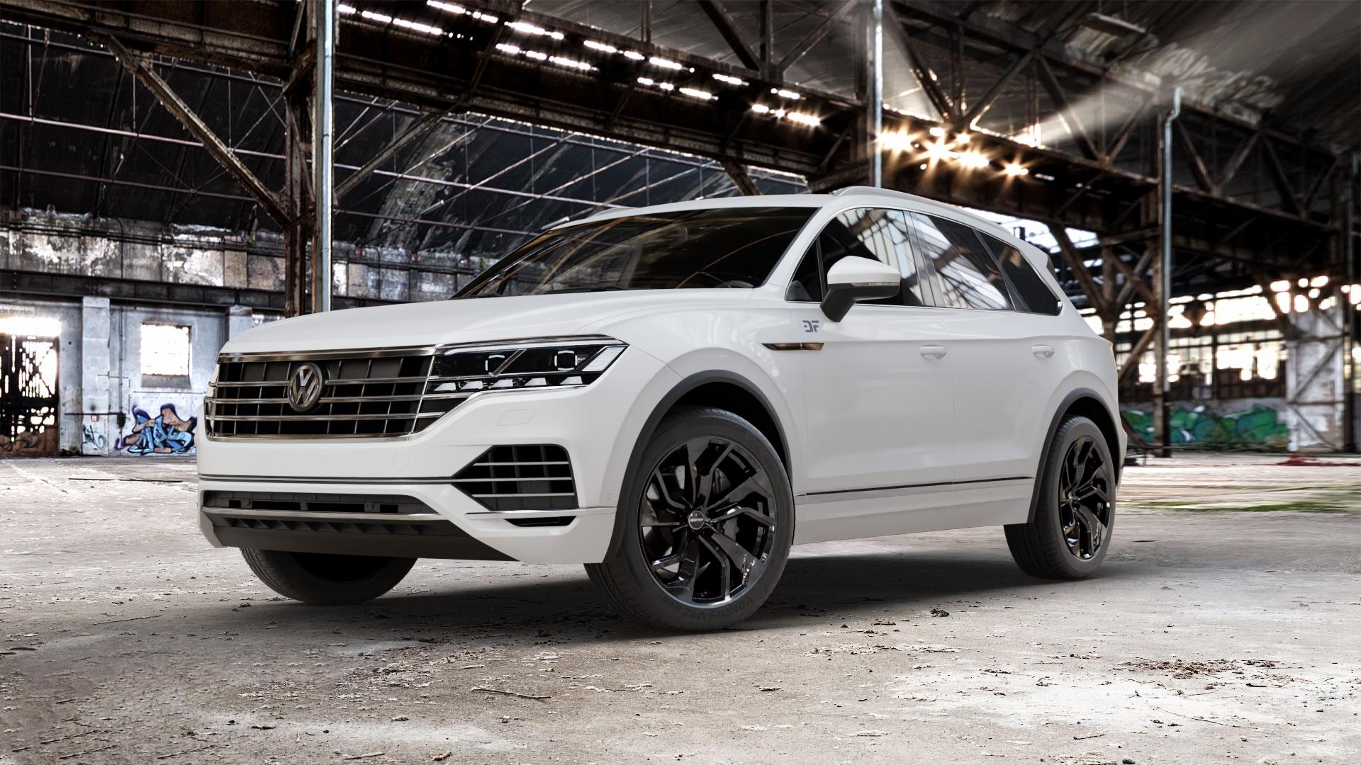 GMP Italia Rebel Black glossy Felge mit Reifen schwarz in 20Zoll Winterfelge Alufelge auf weissem Volkswagen (VW) Touareg III Typ CR ⬇️ mit 15mm Tieferlegung ⬇️ Old Industrial Hall_max_5300mm_2024 Frontansicht_1