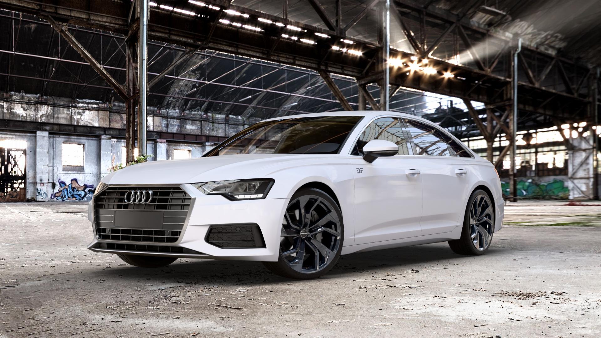 GMP Italia Rebel Black glossy Felge mit Reifen schwarz in 21Zoll Winterfelge Alufelge auf weissem Audi A6 Typ F2/C8 (Limousine) ⬇️ mit 15mm Tieferlegung ⬇️ Old Industrial Hall_max_5300mm_2024 Frontansicht_1