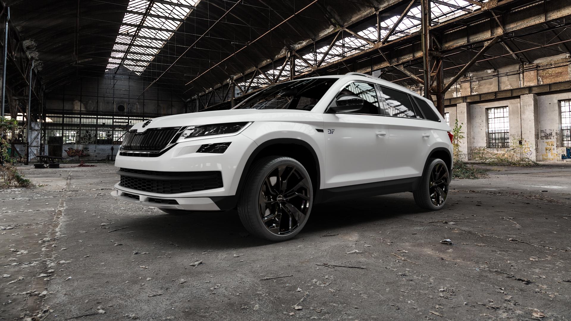 GMP Italia Rebel Black glossy Felge mit Reifen schwarz in 21Zoll Winterfelge Alufelge auf weissem Skoda Kodiaq Scout Typ NS ⬇️ mit 15mm Tieferlegung ⬇️ Old Industrial Hall_max5000mm_2022 Frontansicht_1