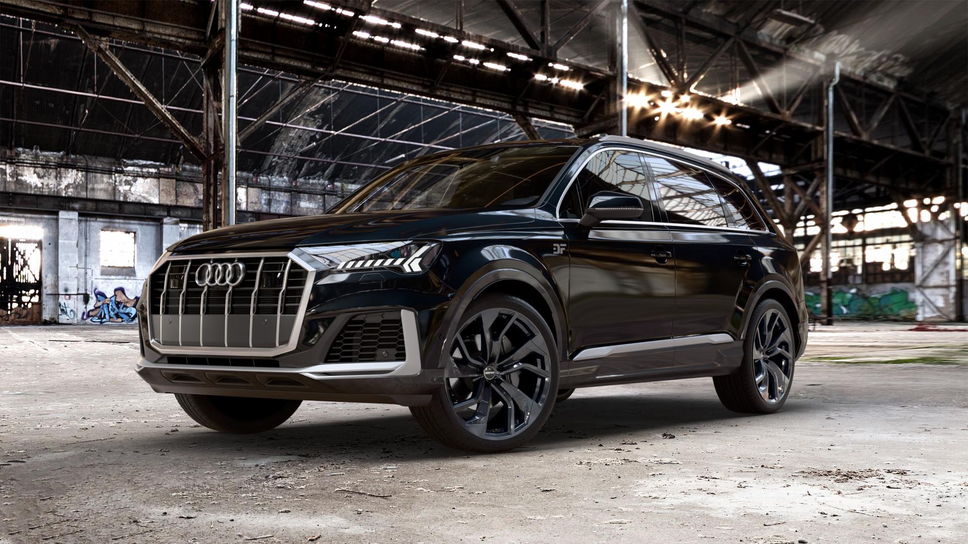 GMP Italia Rebel Black glossy Felge mit Reifen schwarz in 22Zoll Winterfelge Alufelge auf metallic schwarzem Audi Q7 II Typ 4M (4L) Facelift 19-> ⬇️ mit 15mm Tieferlegung ⬇️ Old Industrial Hall_max_5300mm_2024 Frontansicht_1