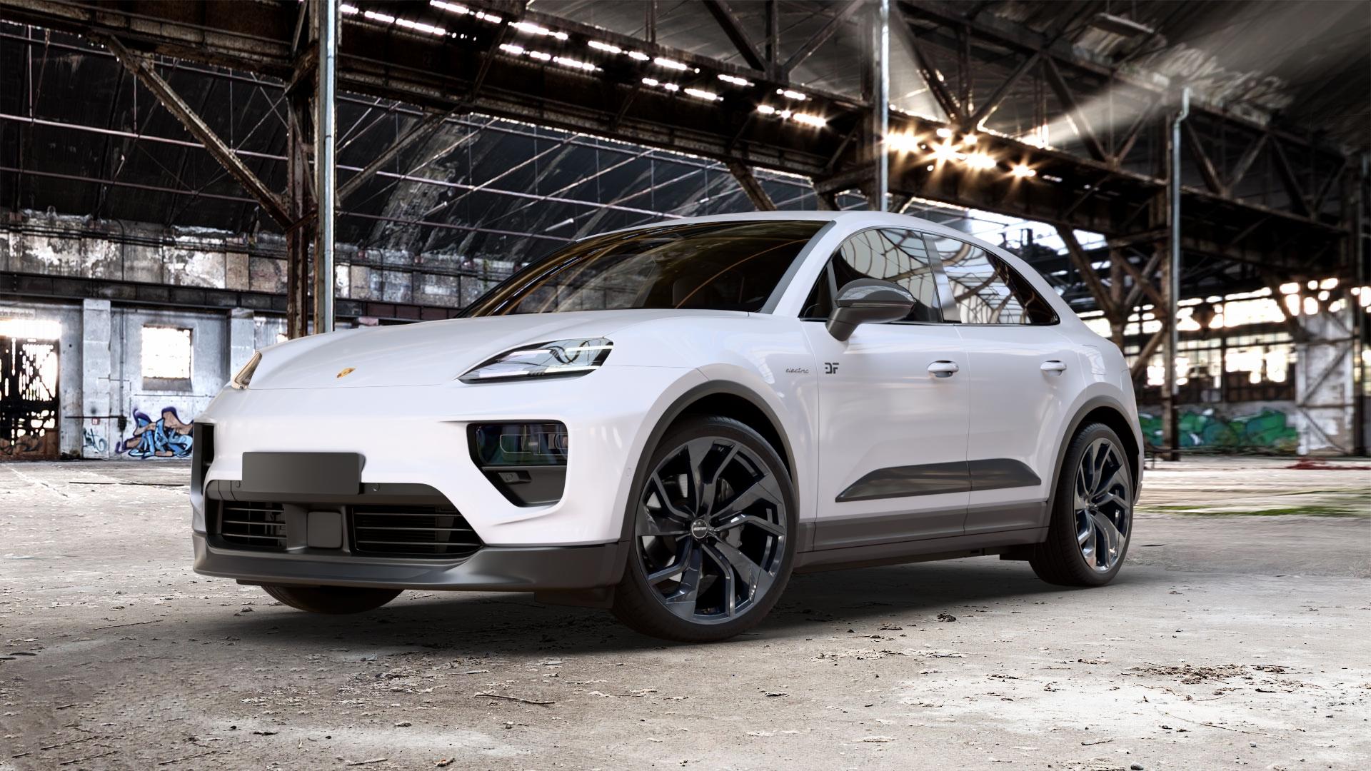 GMP Italia Rebel Black glossy Felge mit Reifen schwarz in 22Zoll Winterfelge Alufelge auf Weiss Uni Porsche Macan Typ XA ⬇️ mit 15mm Tieferlegung ⬇️ Old Industrial Hall_max_5300mm_2024 Frontansicht_1