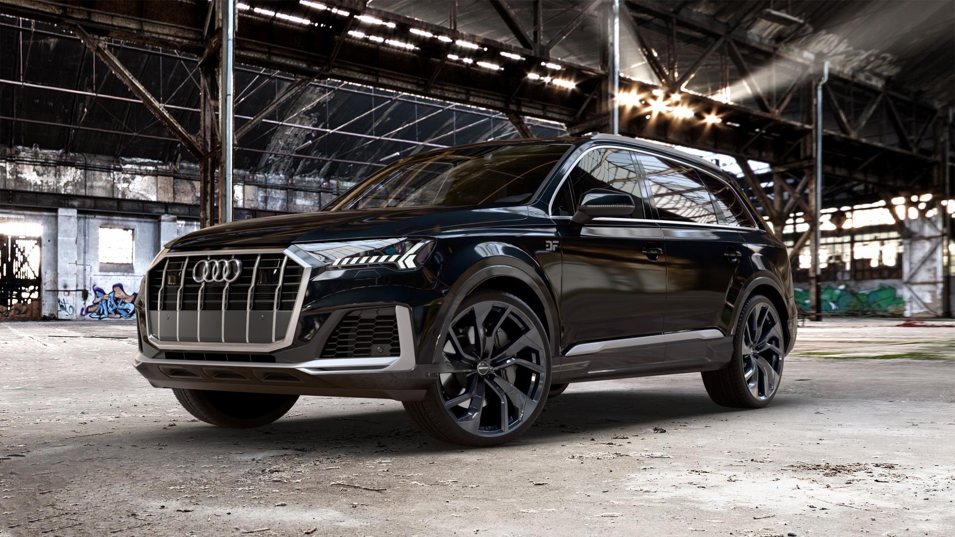 GMP Italia Rebel Black glossy Felge mit Reifen schwarz in 23Zoll Winterfelge Alufelge auf metallic schwarzem Audi Q7 II Typ 4M (4L) Facelift 19-> ⬇️ mit 15mm Tieferlegung ⬇️ Old Industrial Hall_max_5300mm_2024 Frontansicht_1