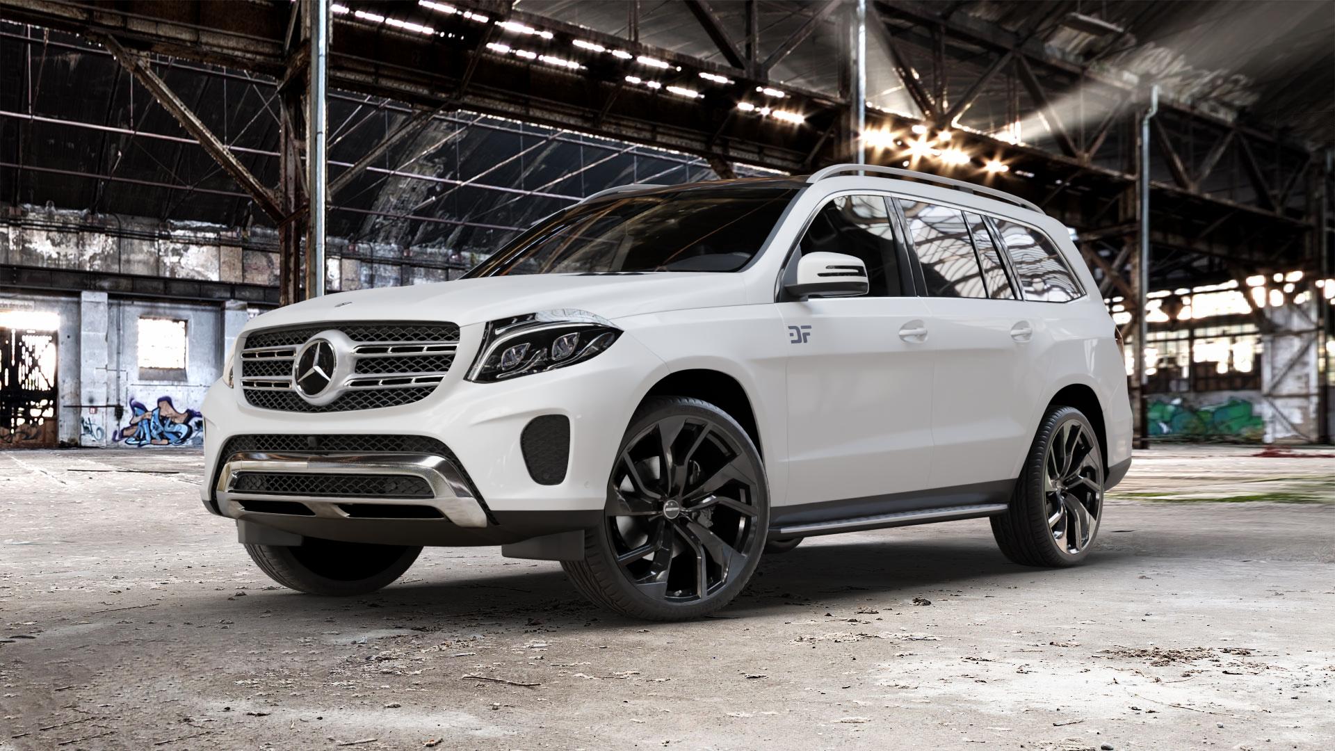 GMP Italia Rebel Black glossy Felge mit Reifen schwarz in 23Zoll Winterfelge Alufelge auf weissem Mercedes GLS-Klasse Typ 166 3,0l 350 D 4Matic 190kW (258 PS) 400 245kW (333 4,7l 500 335kW (455 5,5l 63 AMG 4-Matic 430kW (585 ⬇️ mit 15mm Tieferlegung ⬇️ Old Industrial Hall_max_5300mm_2024 Frontansicht_1