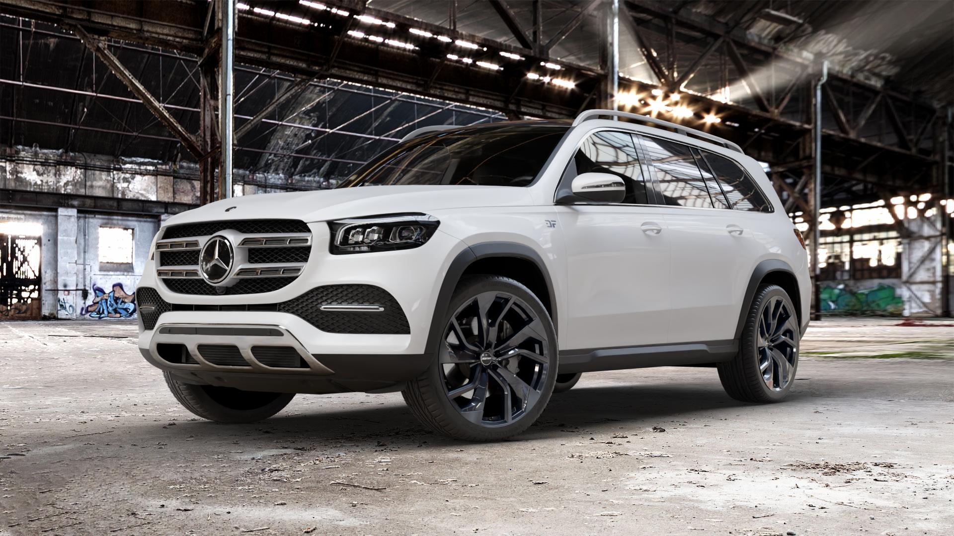 GMP Italia Rebel Black glossy Felge mit Reifen schwarz in 23Zoll Winterfelge Alufelge auf weissem Mercedes GLS-Klasse Typ 167 (H1GLE) 2,9l 350 d 4Matic 210kW (286 PS) 400 243kW (330 4,0l 580 360kW Mild-Hybrid (489 ⬇️ mit 15mm Tieferlegung ⬇️ Old Industrial Hall_max_5300mm_2024 Frontansicht_1