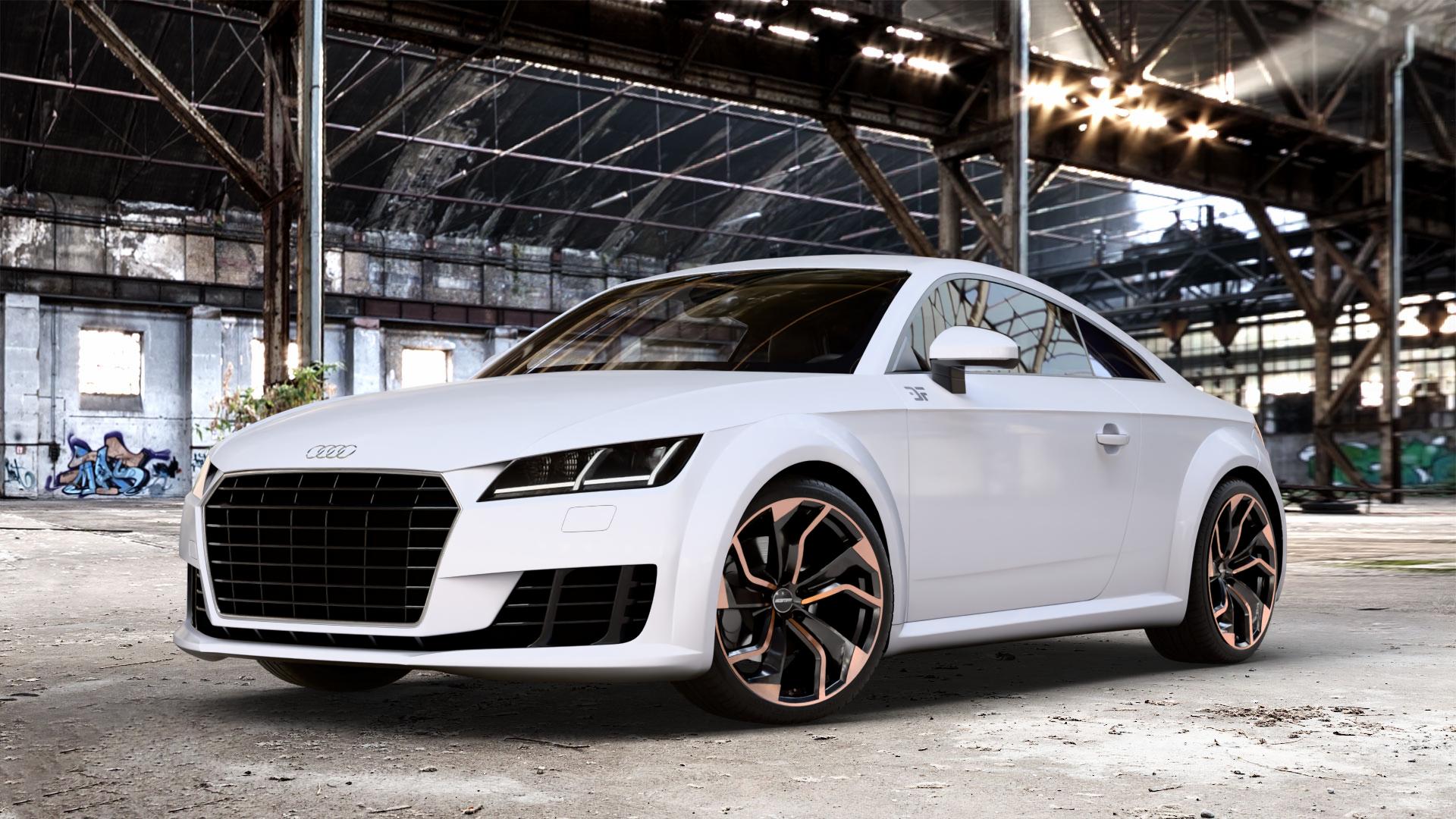GMP Italia Rebel Luci di Portofino Felge mit Reifen schwarz bronze in 19Zoll Winterfelge Alufelge auf weissem Audi TT III Typ 8S (Coupé) (Roadster) ⬇️ mit 15mm Tieferlegung ⬇️ Old Industrial Hall_max_4400mm_2024 Frontansicht_1