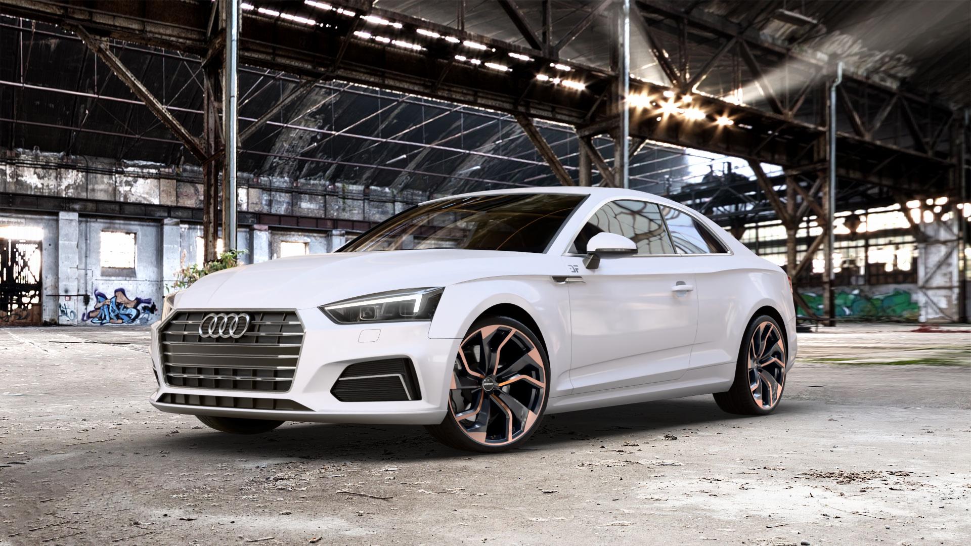 GMP Italia Rebel Luci di Portofino Felge mit Reifen schwarz bronze in 20Zoll Winterfelge Alufelge auf weissem Audi A5 Typ B9 (Coupé) ⬇️ mit 15mm Tieferlegung ⬇️ Old Industrial Hall_max_5300mm_2024 Frontansicht_1
