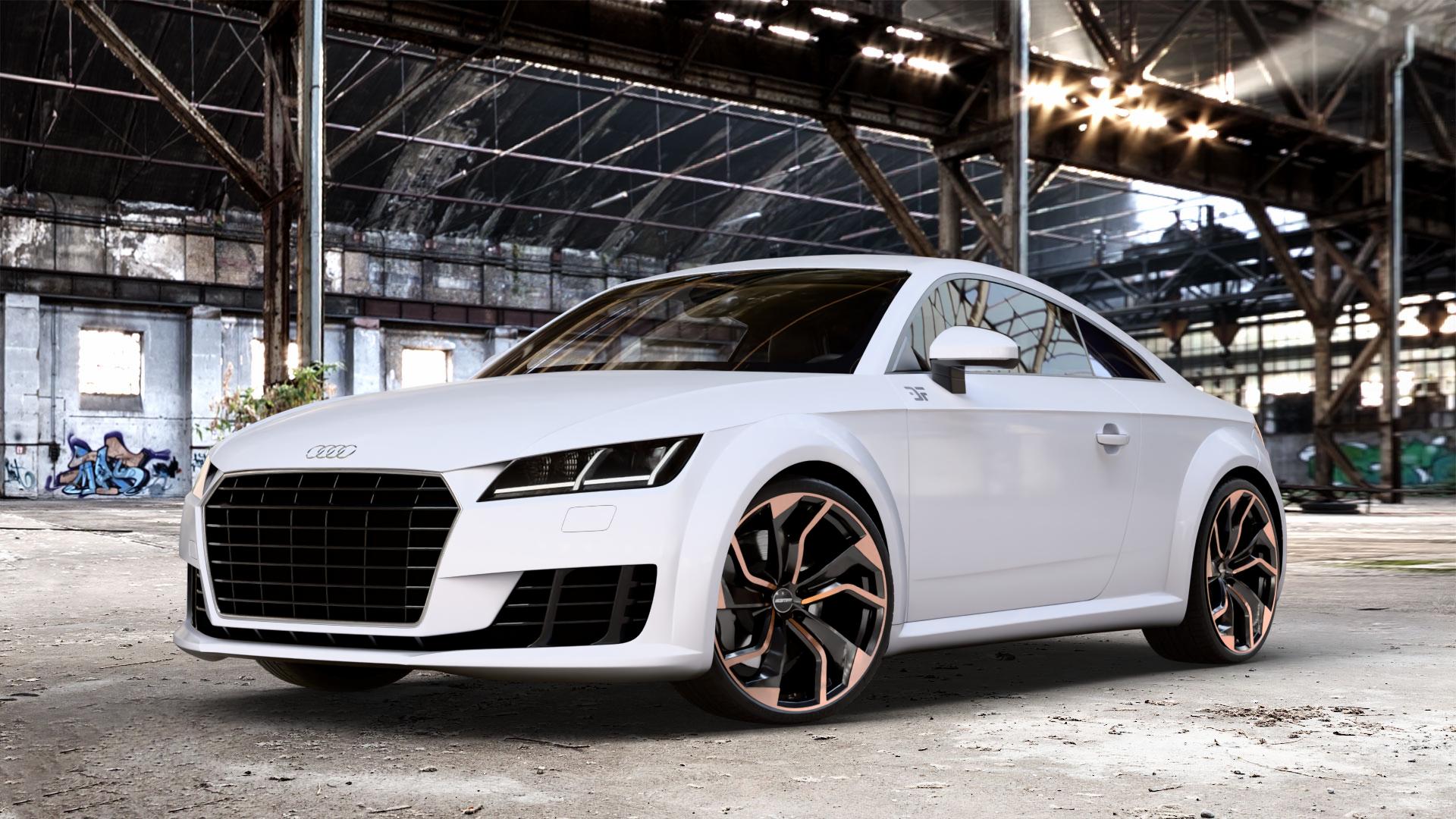 GMP Italia Rebel Luci di Portofino Felge mit Reifen schwarz bronze in 20Zoll Winterfelge Alufelge auf weissem Audi TT III Typ 8S (Coupé) (Roadster) ⬇️ mit 15mm Tieferlegung ⬇️ Old Industrial Hall_max_4400mm_2024 Frontansicht_1