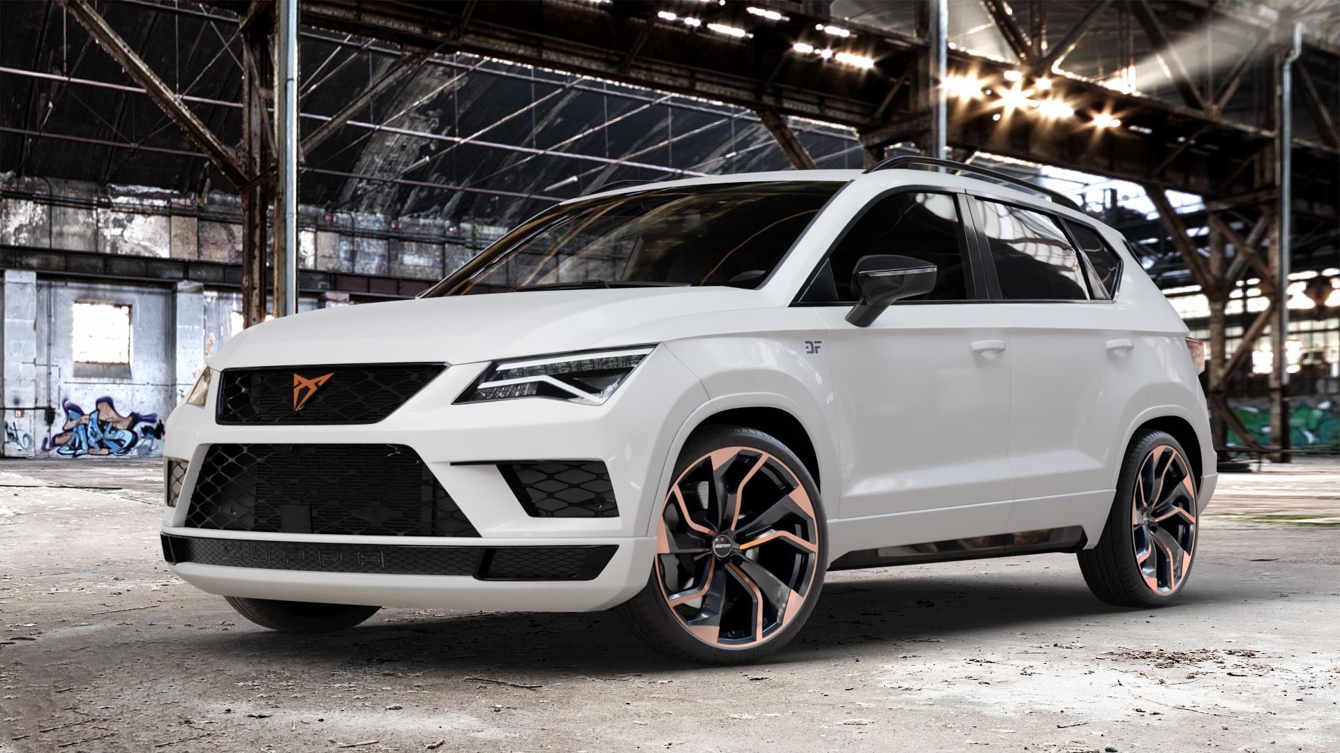 GMP Italia Rebel Luci di Portofino Felge mit Reifen schwarz bronze in 20Zoll Winterfelge Alufelge auf weissem Cupra Ateca Typ 5FP 2,0l TFSI 4Drive 221kW (300 PS) ⬇️ mit 15mm Tieferlegung ⬇️ Old Industrial Hall_max_4400mm_2024 Frontansicht_1