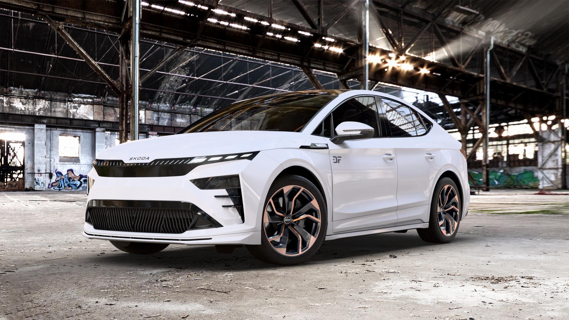 GMP Italia Rebel Luci di Portofino Felge mit Reifen schwarz bronze in 20Zoll Winterfelge Alufelge auf weissem Skoda Enyaq Coupe iV Typ NY Facelift 0,0l 77kW RS Coupé (105 PS) ⬇️ mit 15mm Tieferlegung ⬇️ Old Industrial Hall_max_5300mm_2024 Frontansicht_1
