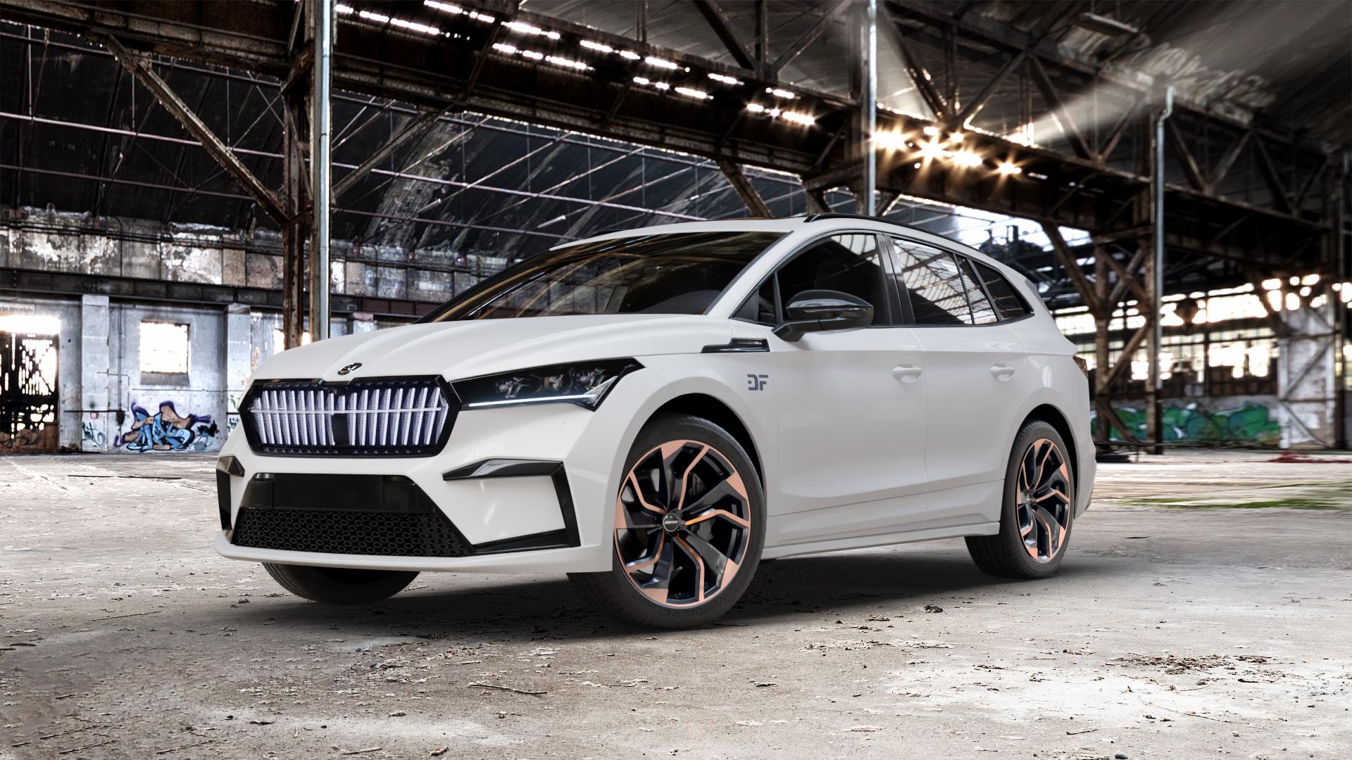 GMP Italia Rebel Luci di Portofino Felge mit Reifen schwarz bronze in 20Zoll Winterfelge Alufelge auf weissem Skoda Enyaq iV Typ NY 0,0l 70kW 80 (95 PS) 50 77kW 80x (105 60 ⬇️ mit 15mm Tieferlegung ⬇️ Old Industrial Hall_max_5300mm_2024 Frontansicht_1