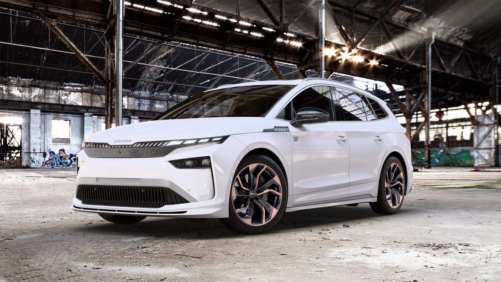 GMP Italia Rebel Luci di Portofino Felge mit Reifen schwarz bronze in 20Zoll Winterfelge Alufelge auf weissem Skoda Enyaq iV Typ NY Facelift 0,0l 70kW 60 (95 PS) 89kW 85 (121 77kW 85X (105 ⬇️ mit 15mm Tieferlegung ⬇️ Old Industrial Hall_max_5300mm_2024 Frontansicht_1
