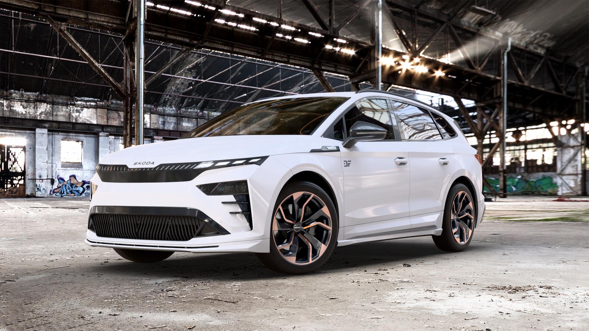 GMP Italia Rebel Luci di Portofino Felge mit Reifen schwarz bronze in 20Zoll Winterfelge Alufelge auf weissem Skoda Enyaq iV Typ NY Facelift 0,0l 77kW RS (105 PS) ⬇️ mit 15mm Tieferlegung ⬇️ Old Industrial Hall_max_5300mm_2024 Frontansicht_1