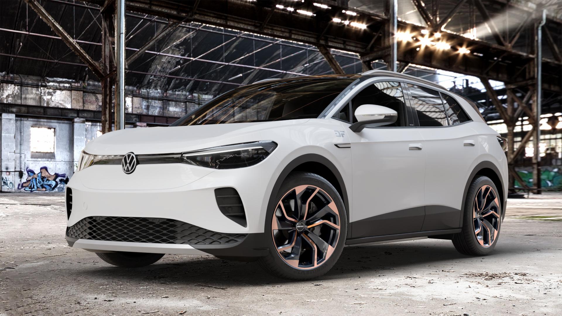 GMP Italia Rebel Luci di Portofino Felge mit Reifen schwarz bronze in 20Zoll Winterfelge Alufelge auf weissem Volkswagen (VW) ID.4 0,0l 70kW PRO (150kW) (95 PS) Pure (109kW) (125kW) (128kW) 77kW 4Motion (195kW) (105 ⬇️ mit 15mm Tieferlegung ⬇️ Old Industrial Hall_max_4400mm_2024 Frontansicht_1