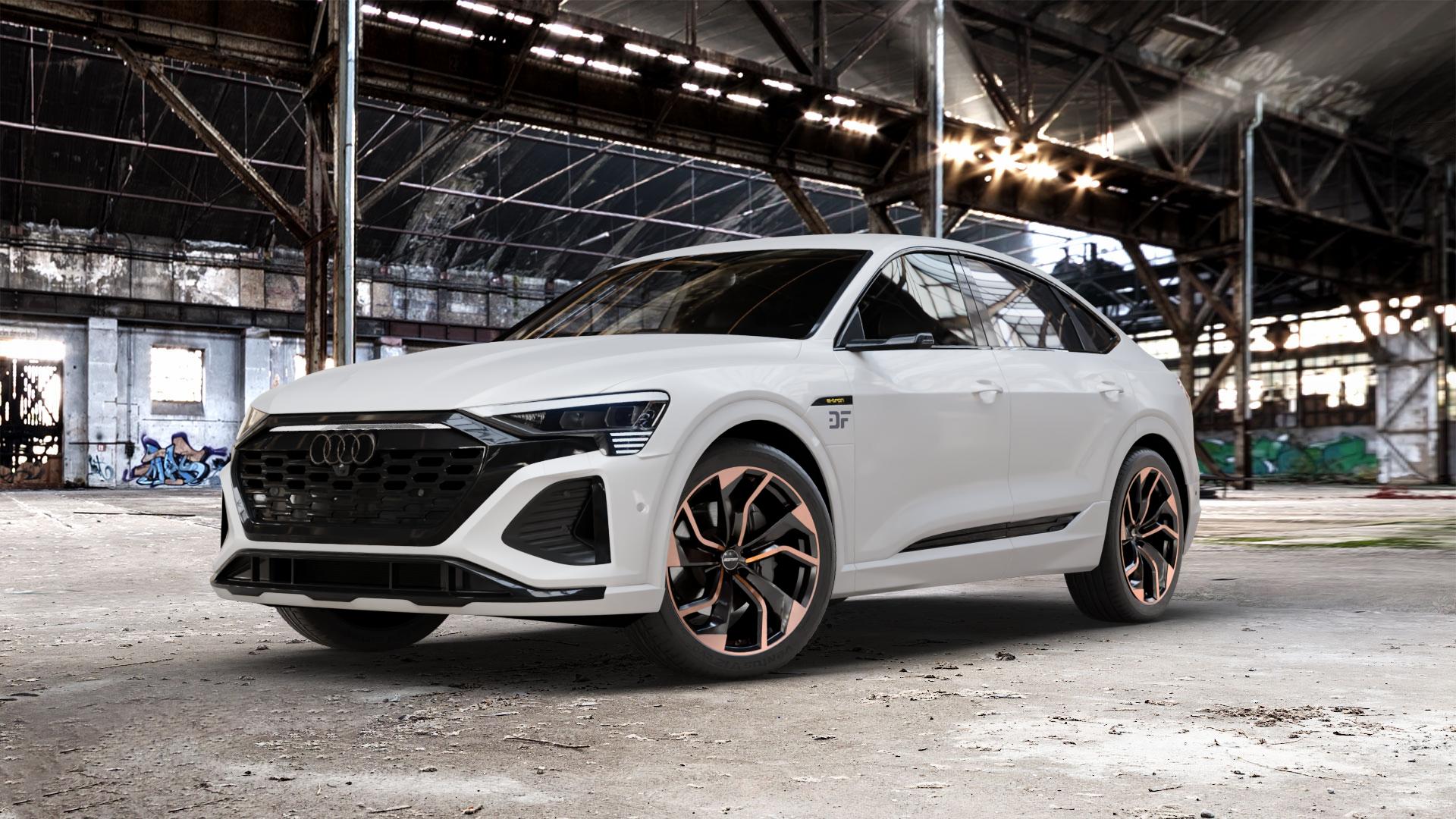 GMP Italia Rebel Luci di Portofino Felge mit Reifen schwarz bronze in 21Zoll Winterfelge Alufelge auf weissem Audi Q8 Sportback Typ GE ⬇️ mit 15mm Tieferlegung ⬇️ Old Industrial Hall_max_5300mm_2024 Frontansicht_1